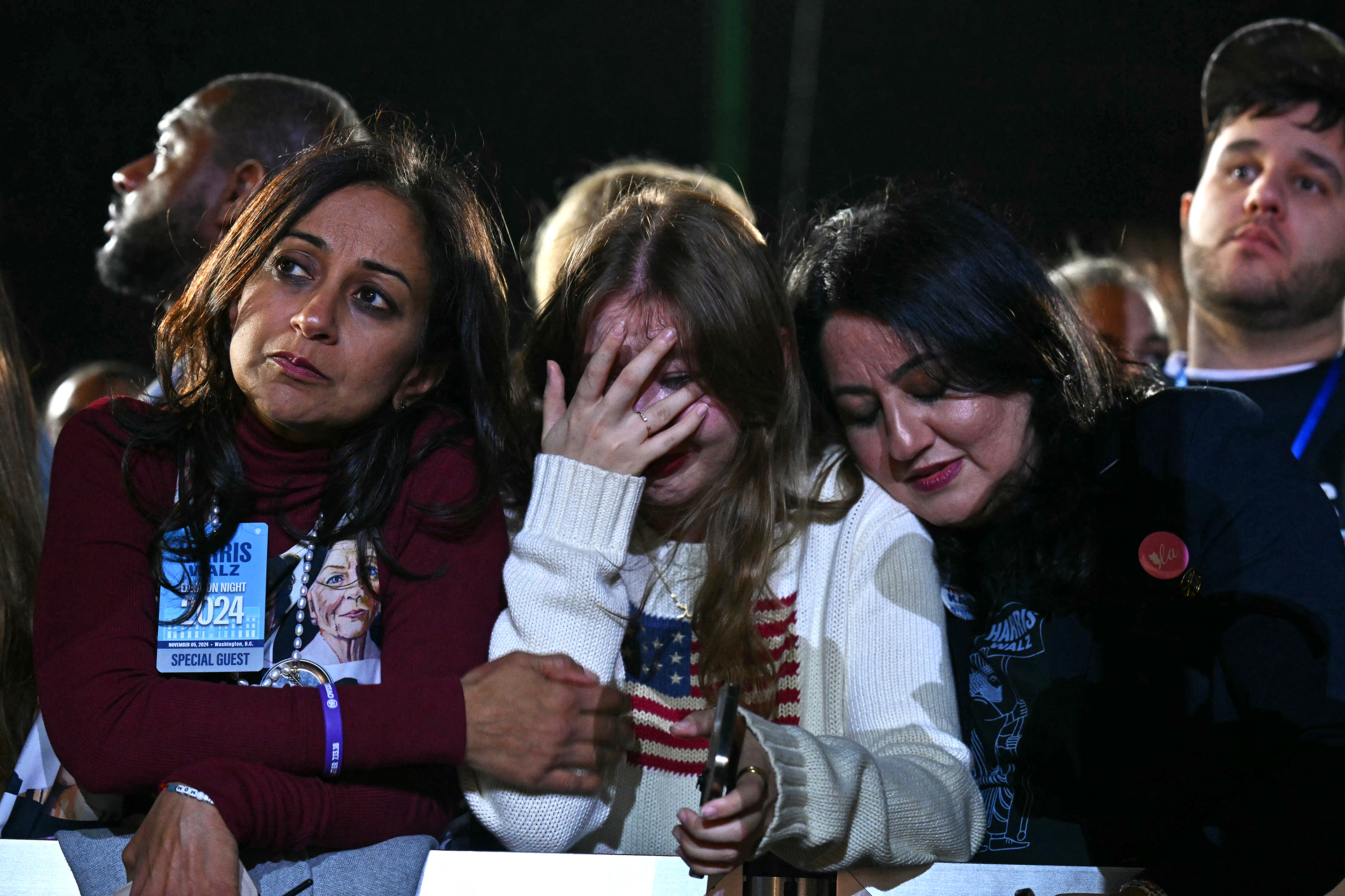Supporters react to election results during an election night event for Kamala Harris at Howard University in Washington, DC. Photo / Angela Weiss, AFP