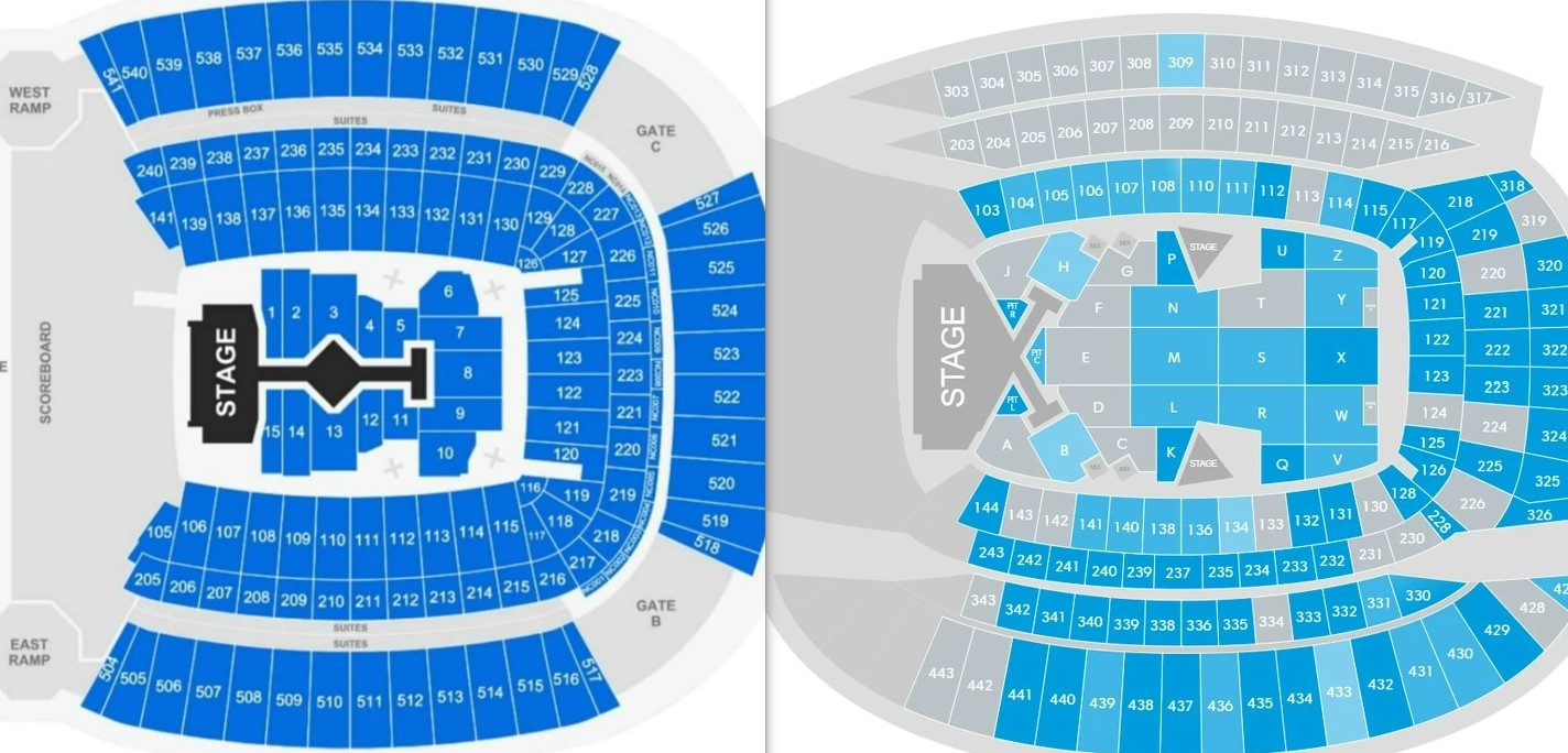 The Eras Tour stage (left) compared to The Reputation Tour (right).