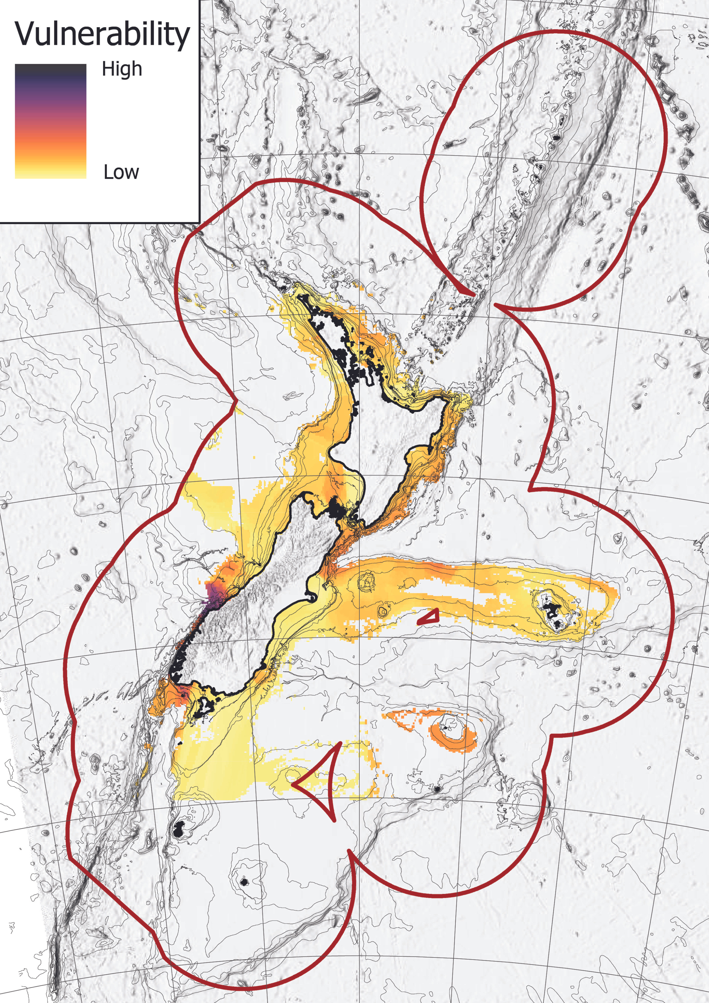 This map shows the level of vulnerability organic carbon stores around New Zealand have to disturbance through activity such as bottom trawling. Image / Parliamentary Commissioner for the Environment