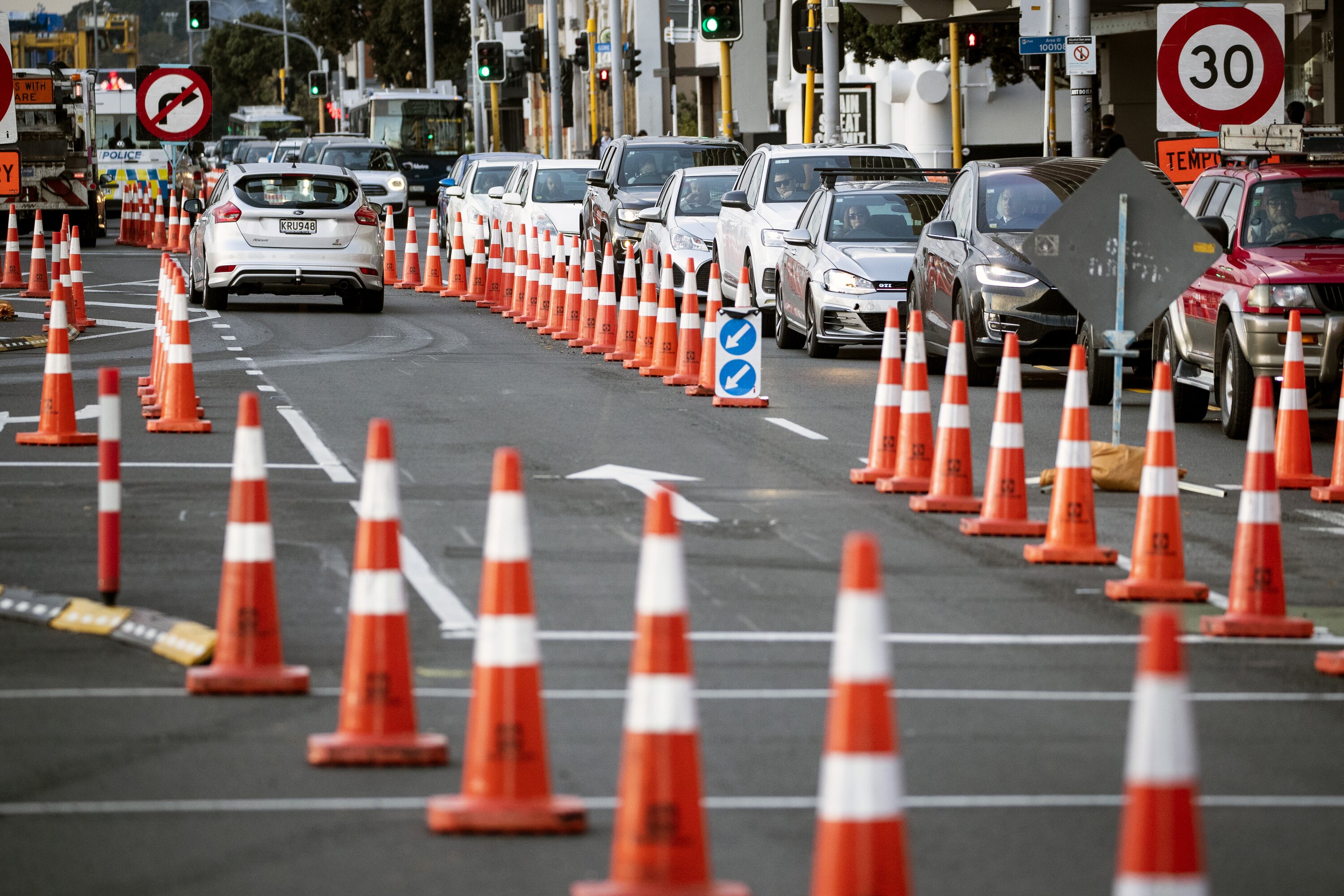 Traffic congestion due to road works on Quay St, downtown Auckland.