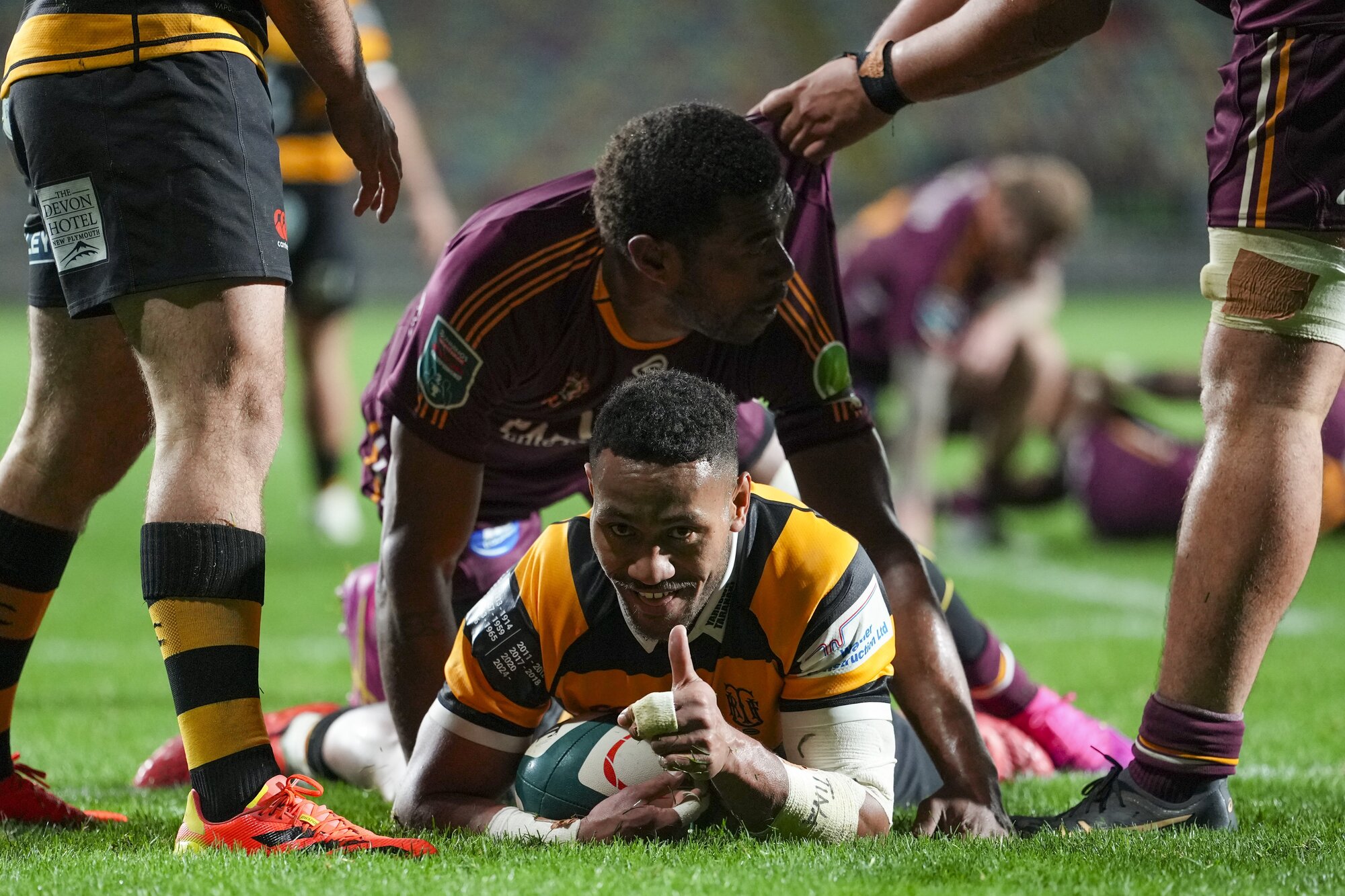 Taranaki Bulls' Vereniki Tikoisolomone scores against King Country on Wednesday. Photo / SmartFrame