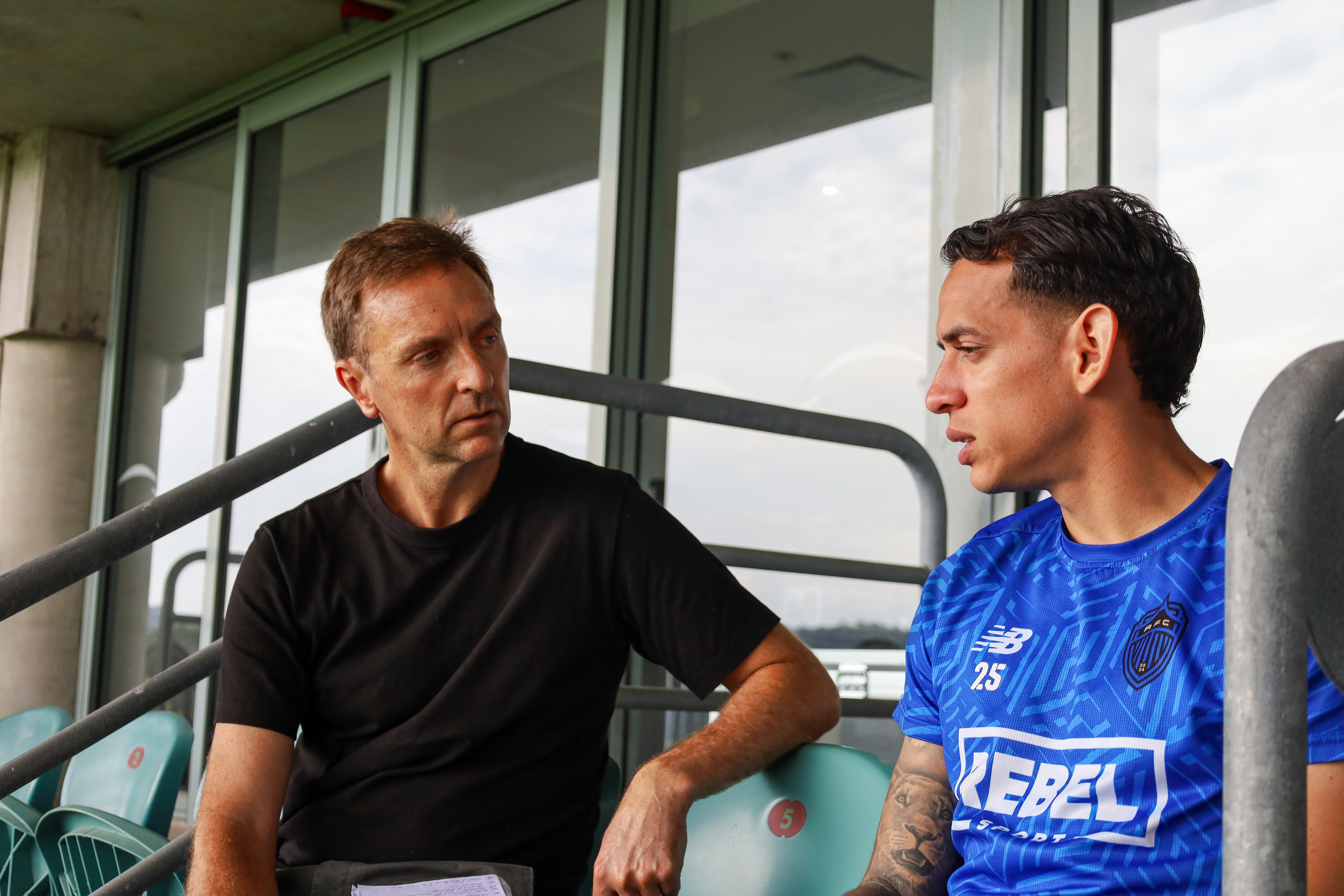 Auckland FC winger Neyder Moreno (right) being interviewed by New Zealand Herald football writer Michael Burgess. Photo / Auckland FC
