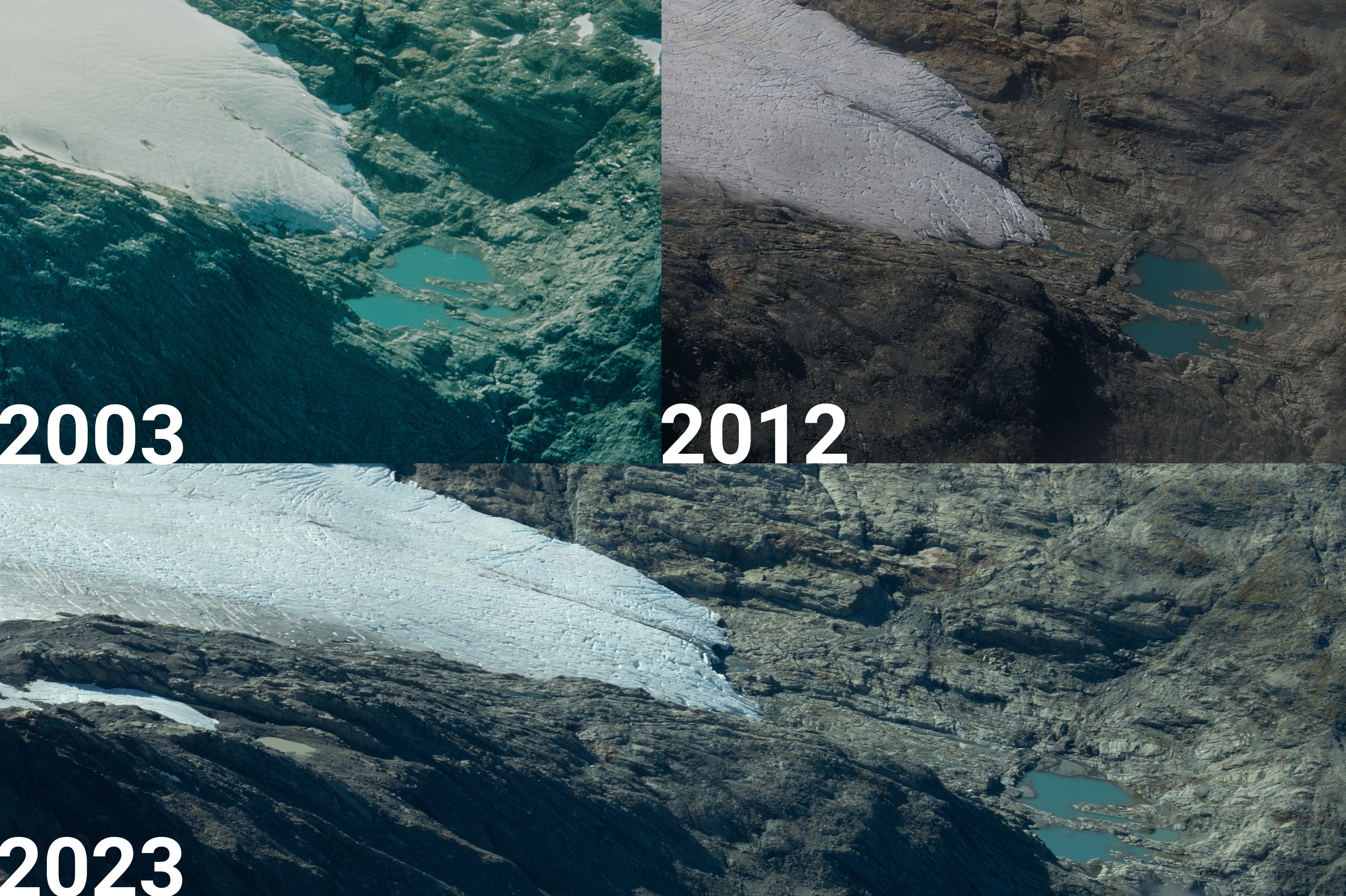 A comparison of dramatic changes at the Brewster Glacier in Mt Aspiring National Park over the last two decades. Photo / Rebekah Parsons-King / Niwa
