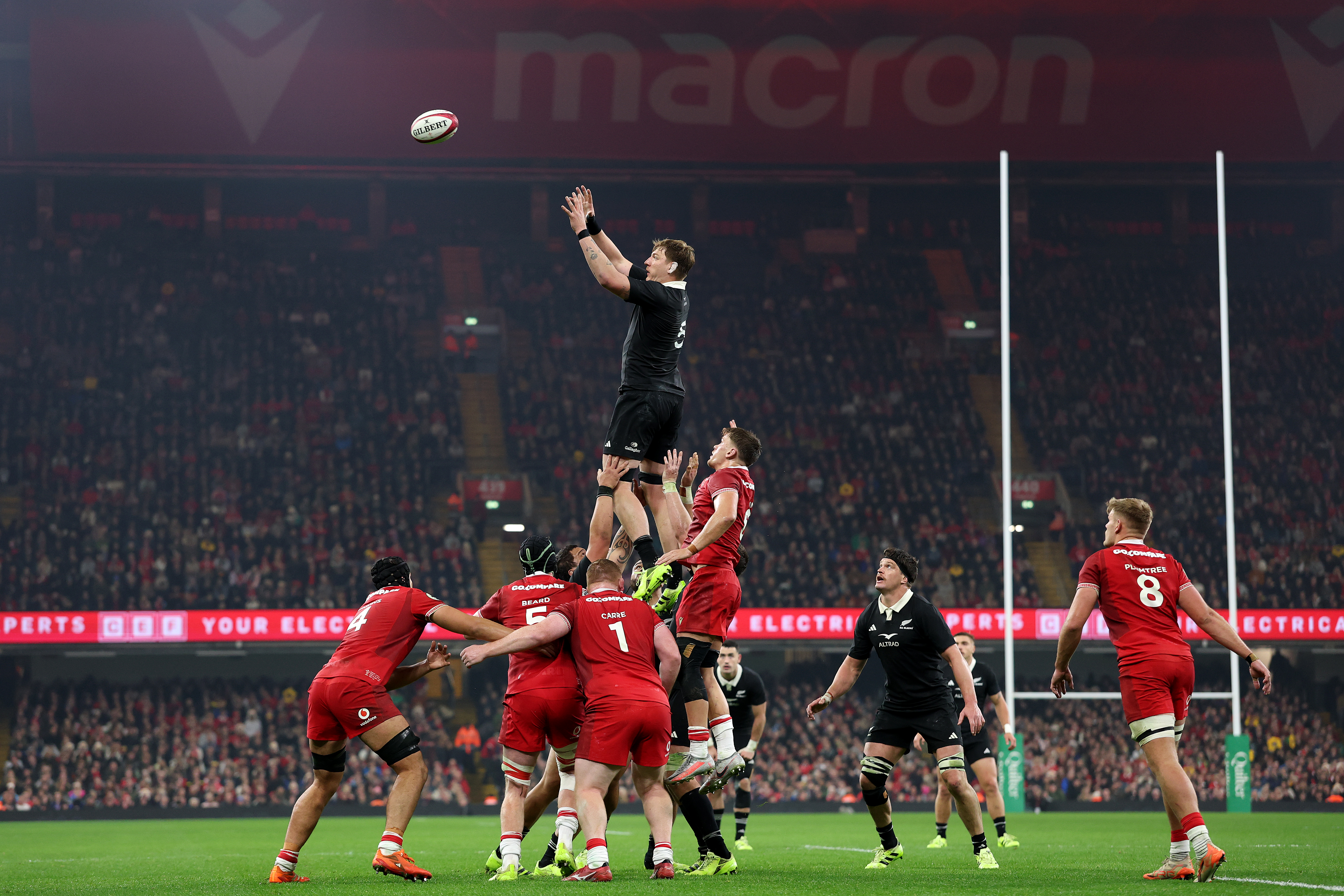 Fabian Holland of New Zealand is lifted during a line-out during the win over Wales. Photo / Getty Images