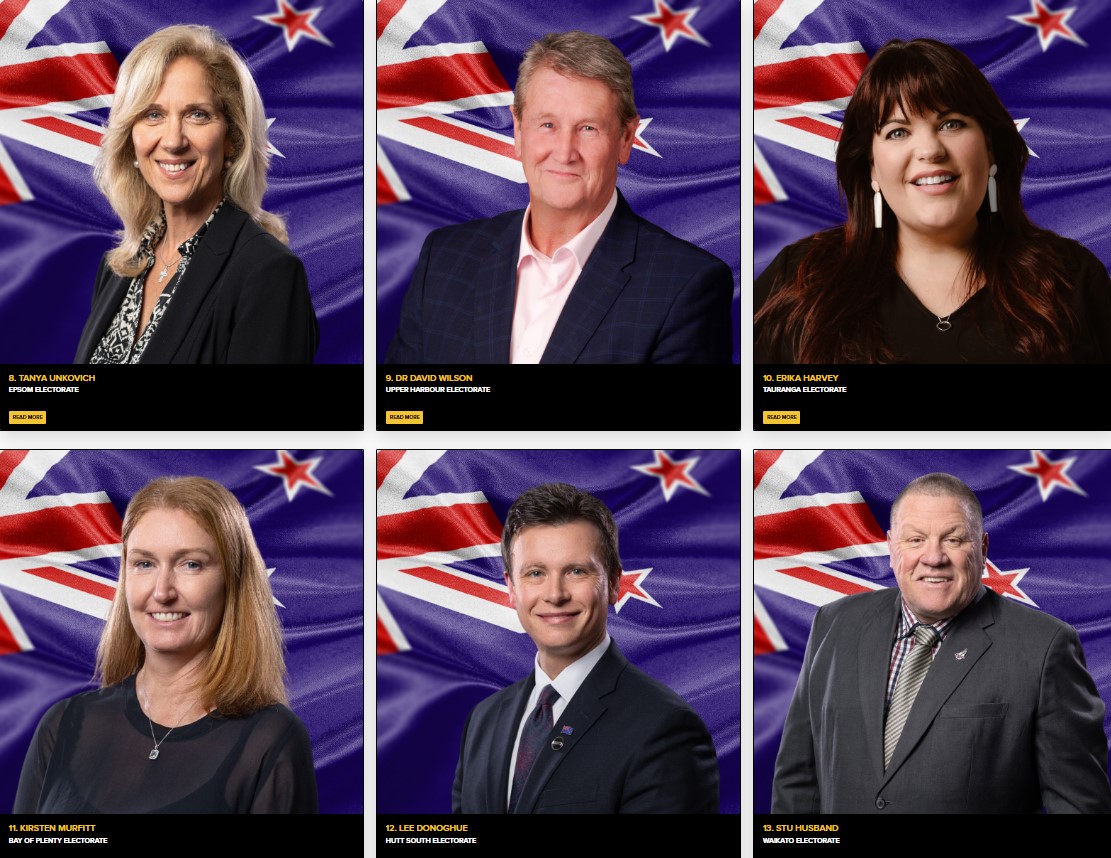 New Zealand First list candidates from number eight to 13: Tanya Unkovich, David Wilson, Erika Harvey, Kirsten Murfitt, Lee Donoghue, Stu Husband. Photos / New Zealand First