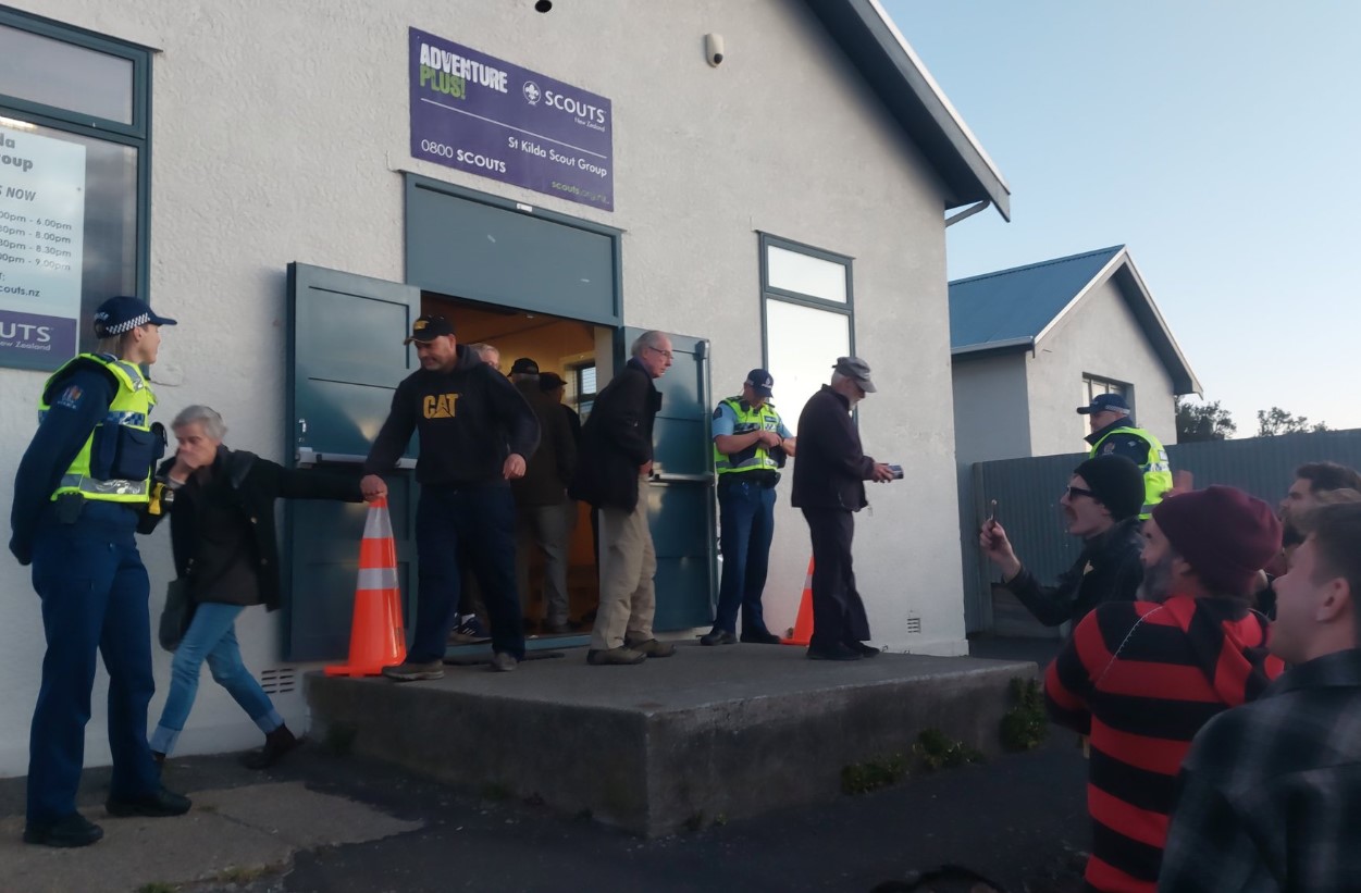 Scouts NZ in Dunedin shut down a Stop Co-Governance meeting at St Kilda. Photo / Elliot Weir