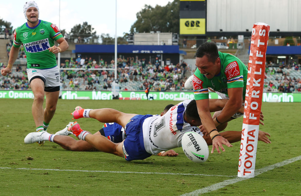 Roger Tuivasa-Sheck's stunning try-saver on Jordan Rapana. Photo / Getty