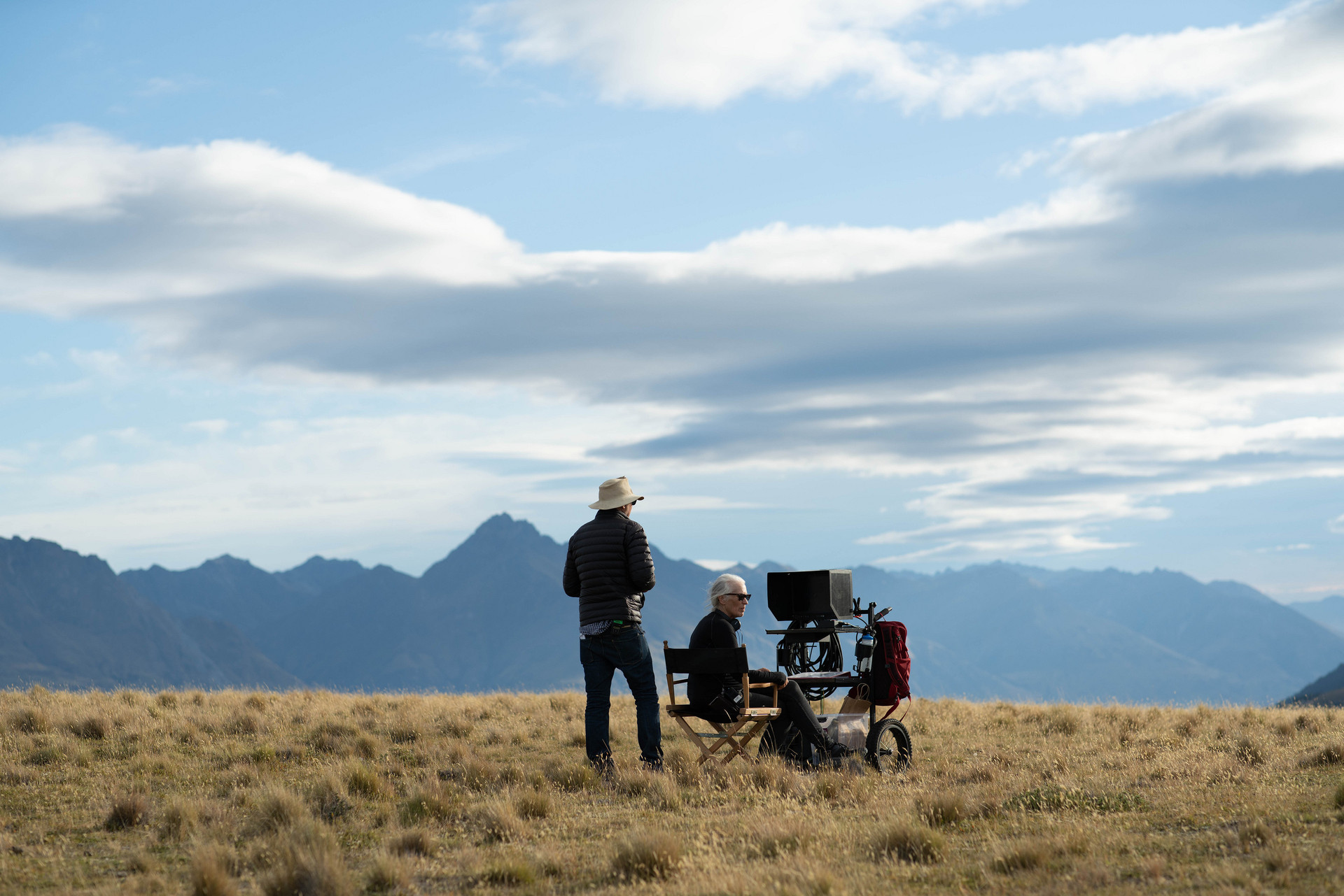 Dame Jane Campion (seated) filming Power of the Dog on location in the South Island with associate producer and first assistant director Phil Jones. Photo/Kirsty Griffin, Netflix