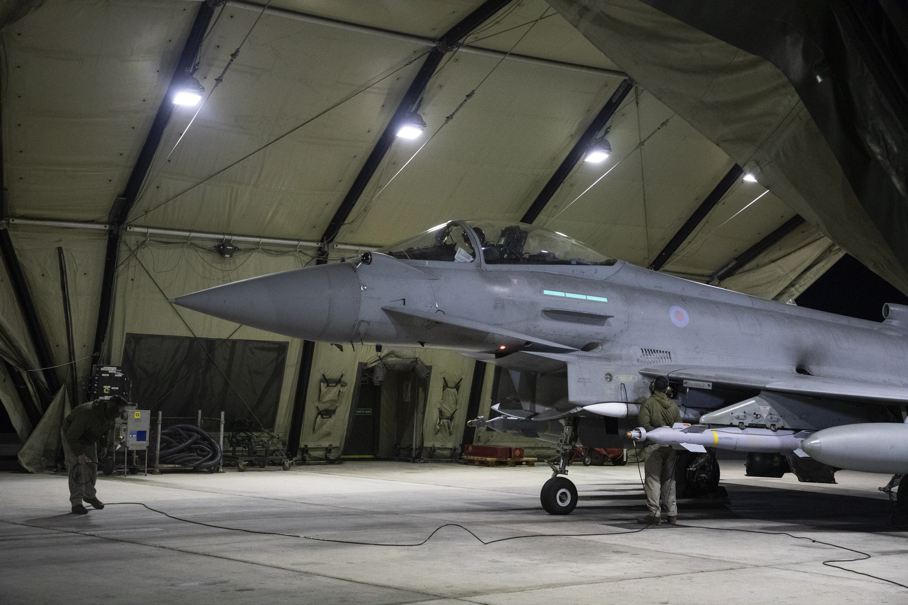 An RAF Typhoon FRG4 aircraft is prepared to conduct further strikes against Houthi military targets in Yemen, from RAF Akrotiri, Cyprus on Saturday, February 3, 2024. Photo / AP