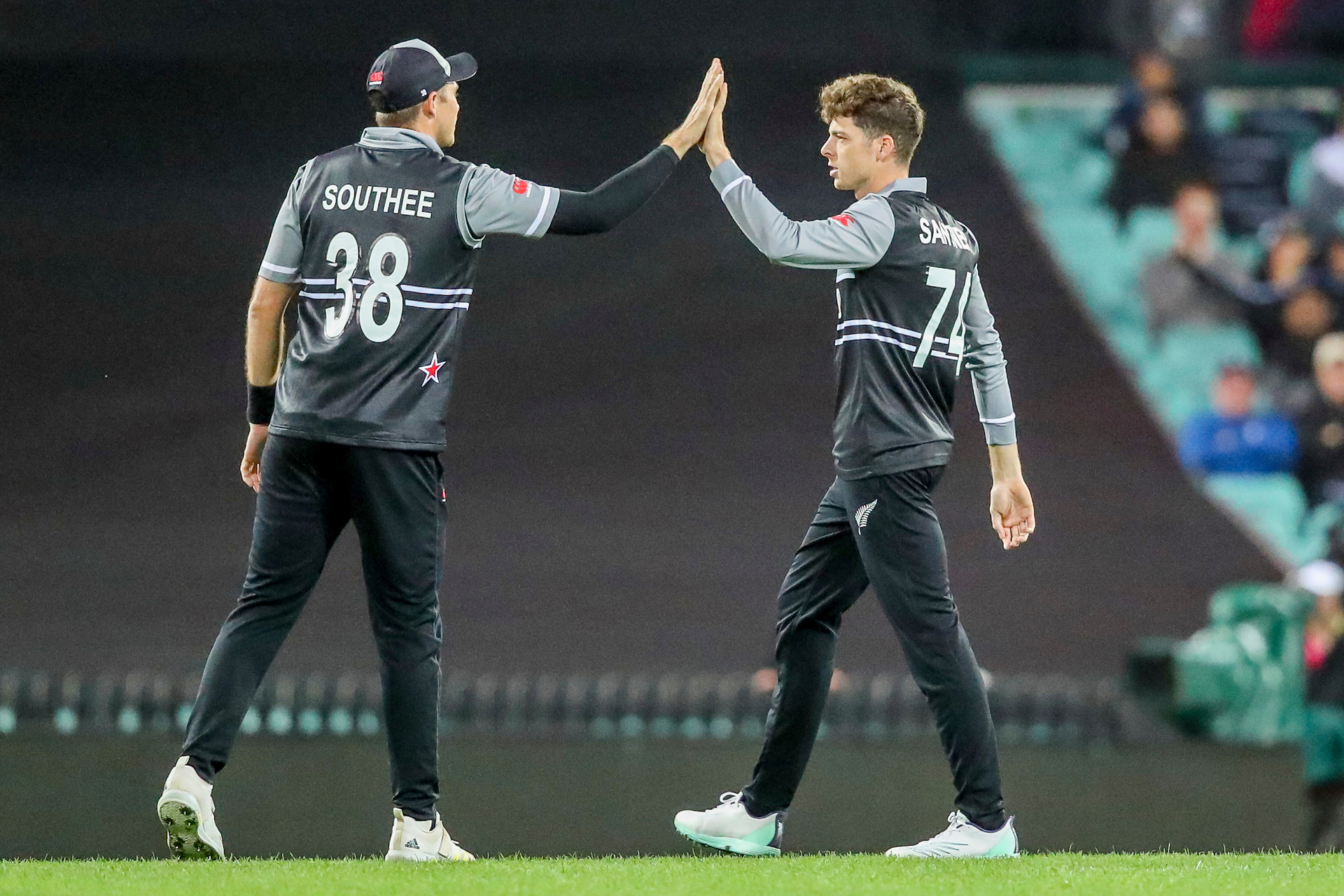 Mitch Santner celebrates with Tim Southee after taking the wicket of Tim David. Photo / Photosport.co.nz