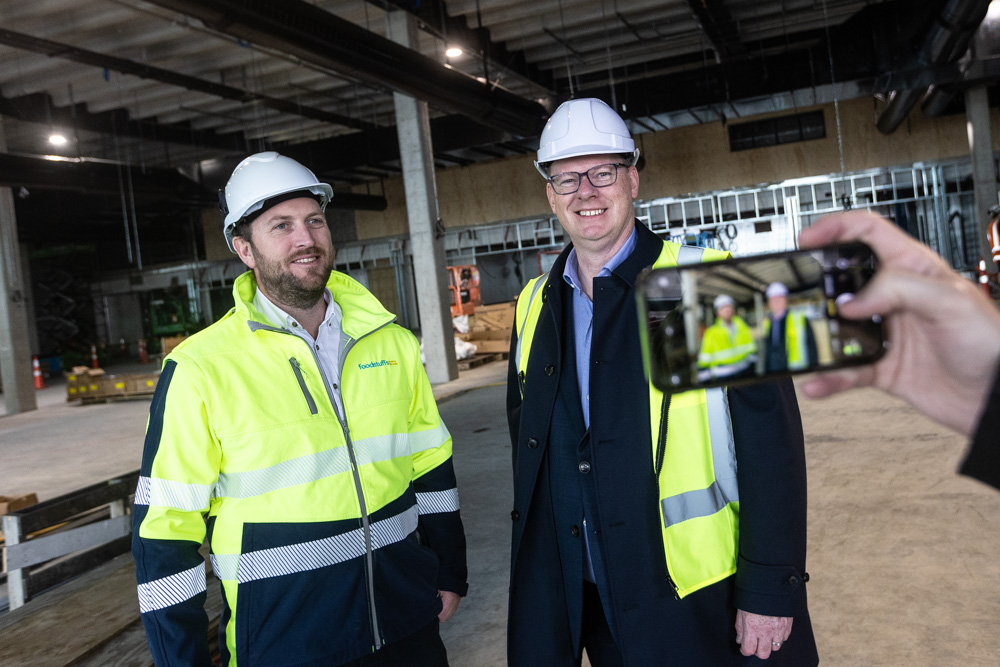 Andrew Bell (left), a Foodstuffs North Island development manager, with Lindsay Rowles, general manager of retail and property. Construction progresses at the site of the new New World Pt Chevalier. Photo / Jason Dorday