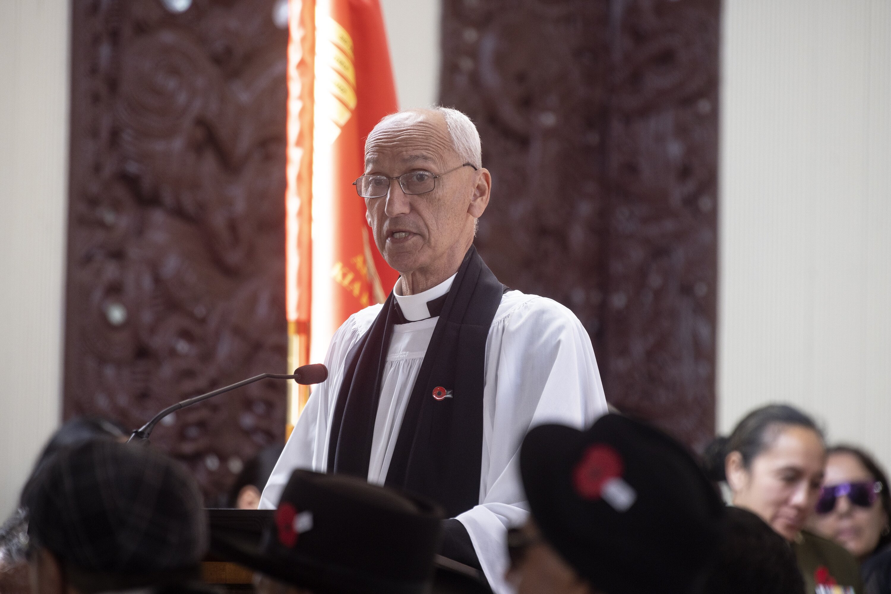 The Reverend Tom Poata delivers a humourous and inspirational address at Sir Robert Gillies' funeral. Photo / Andrew Warner