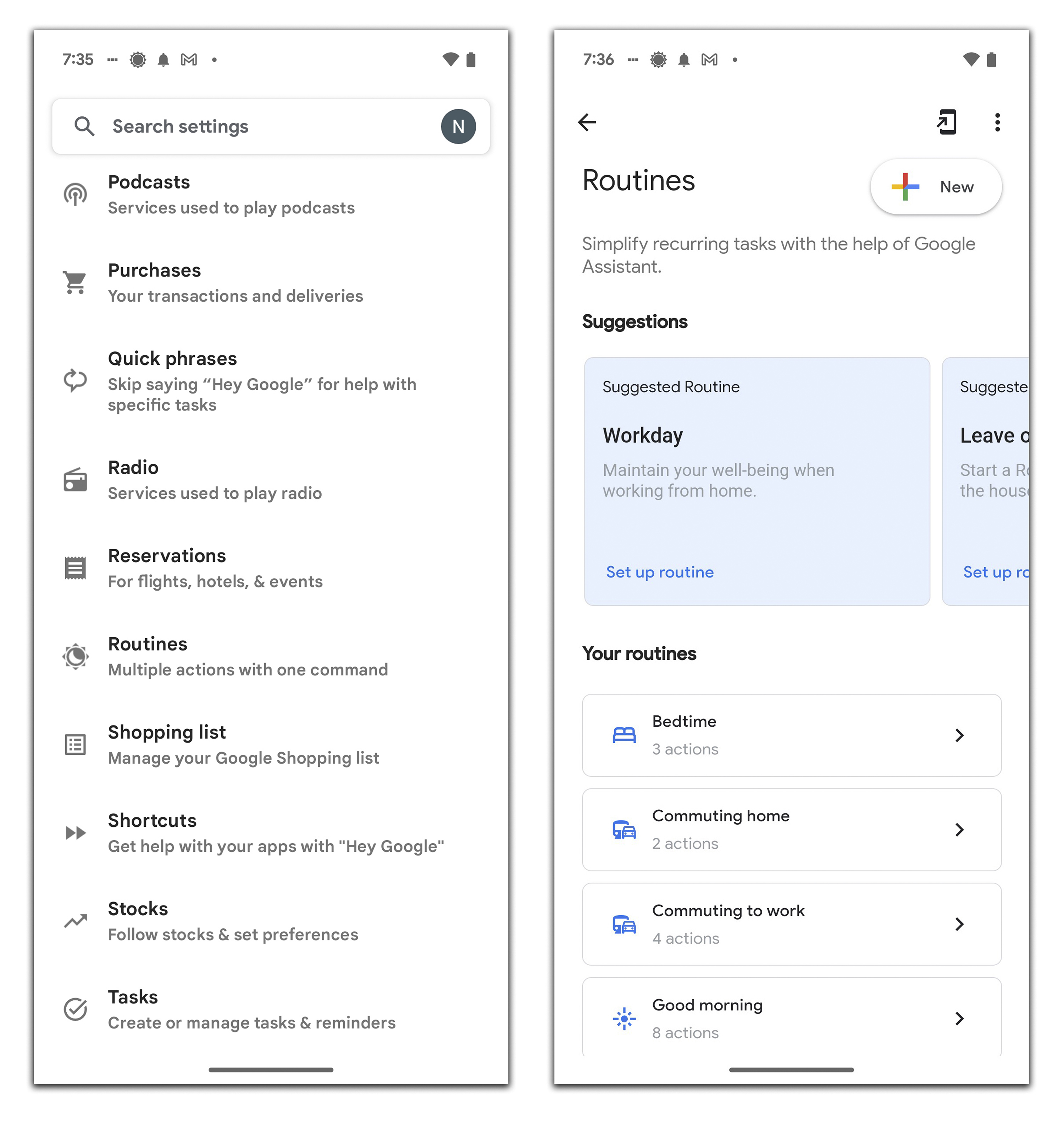 You can find the Routines feature listed alphabetically in the Google Assistant settings, as shown on the left. On the Routines screen, right, you can use or modify existing routines or make a new one of your own. Photo / Apple via The New York Times
