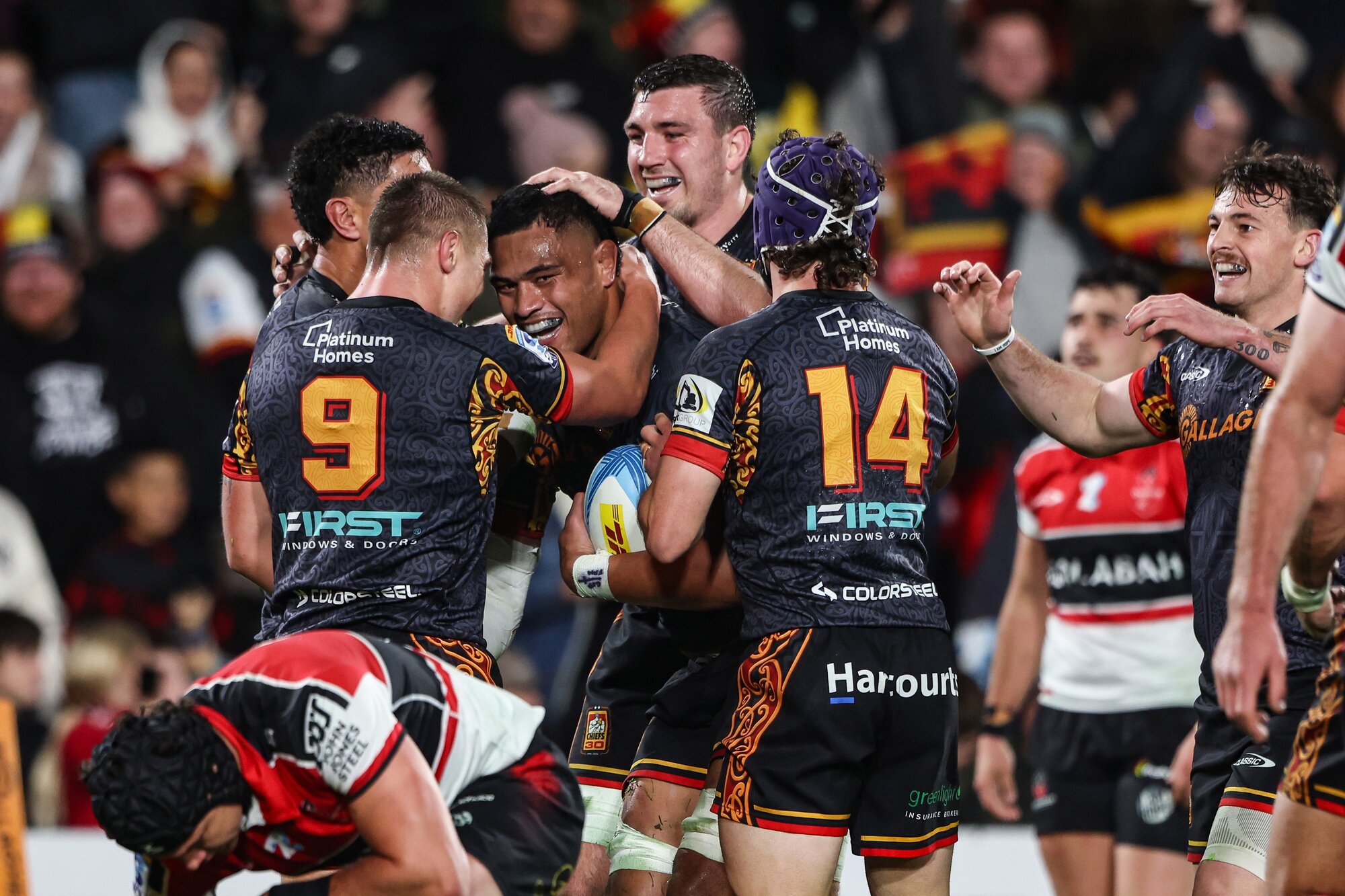 Samisoni Taukei'aho celebrates scoring for the Chiefs against the Crusaders. Photo / Photosport