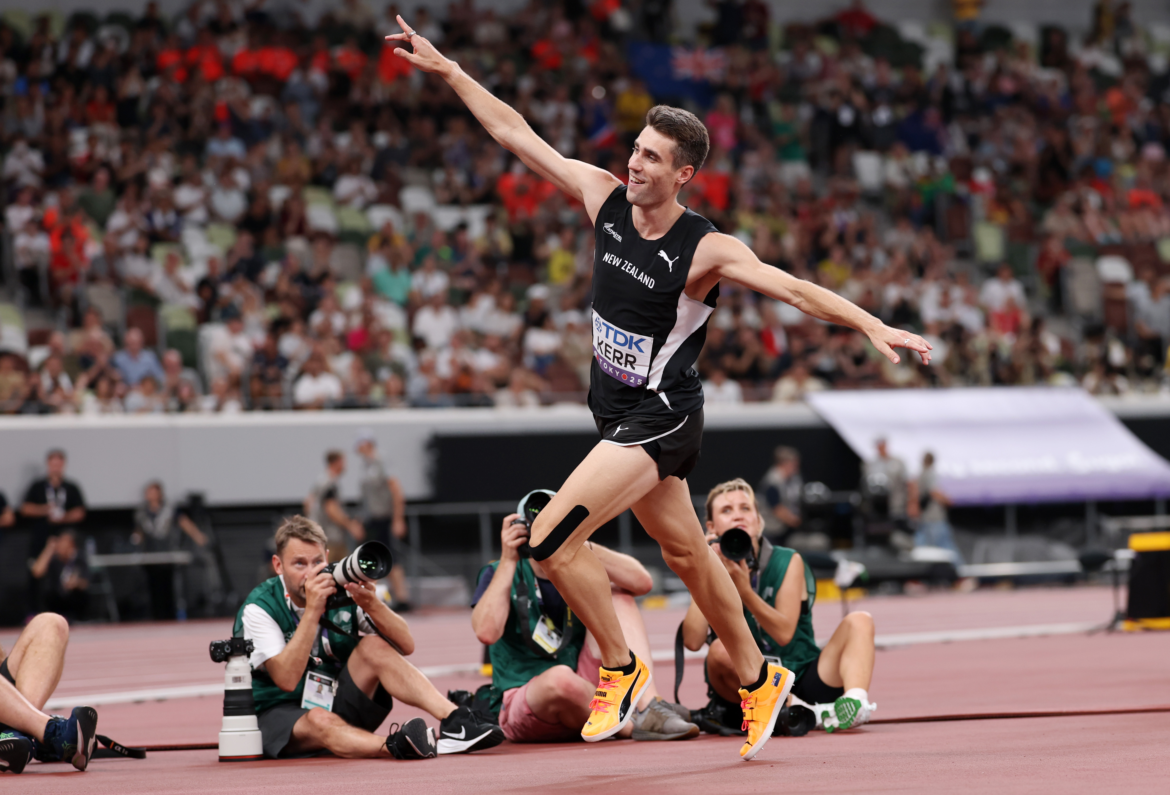Hamish Kerr of New Zealand celebrates after clearing a third attempt at 2.34m during the high jump final on day four of the World Athletics Championships Tokyo 2025. Photo / Getty Images