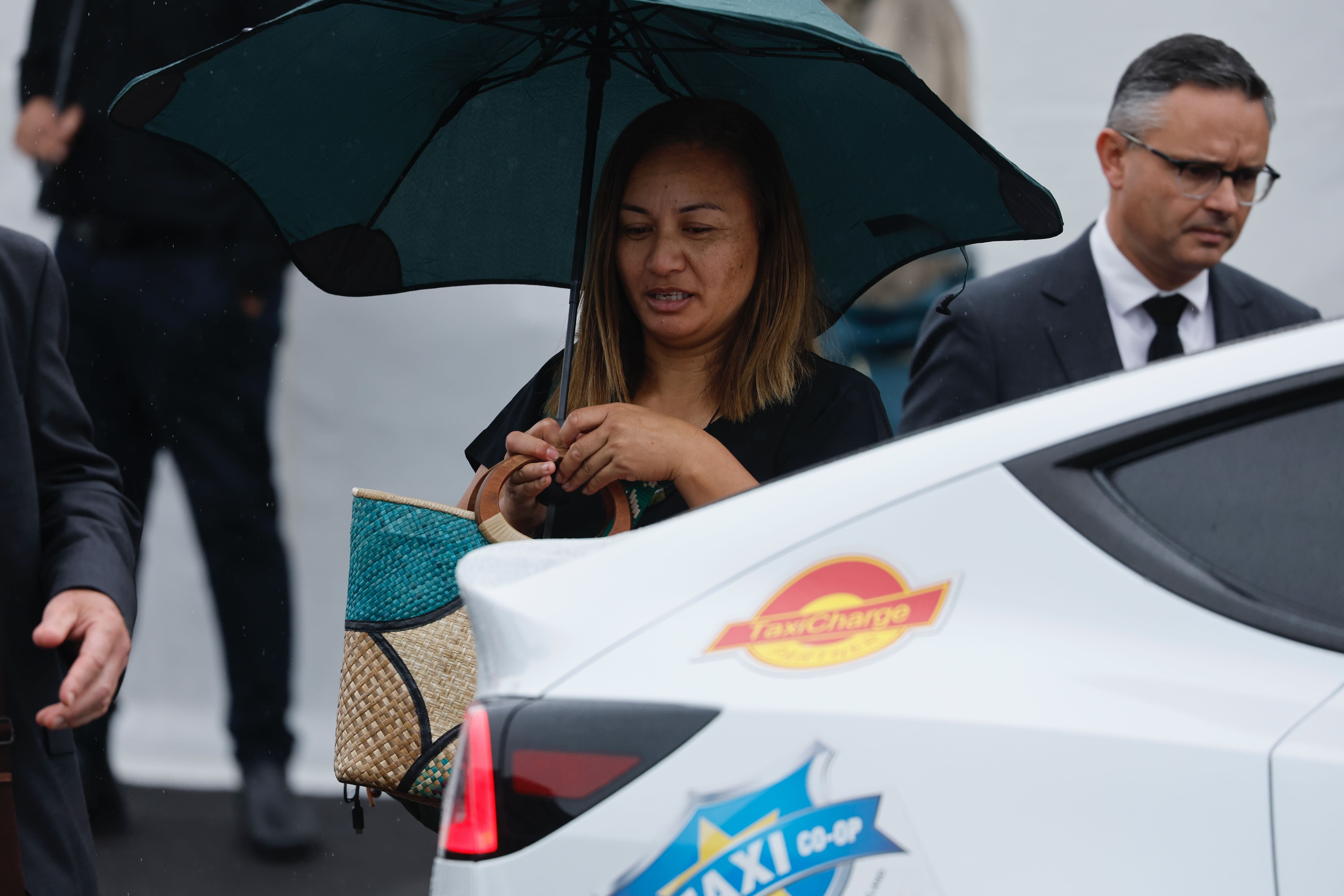 Greens co-leaders Marama Davidson and James Shaw arrive at Tīpene Funerals on Hill St in Onehunga to farewell Green MP Fa’anānā Efeso Collins, who is lying in state. Photo / Michael Craig