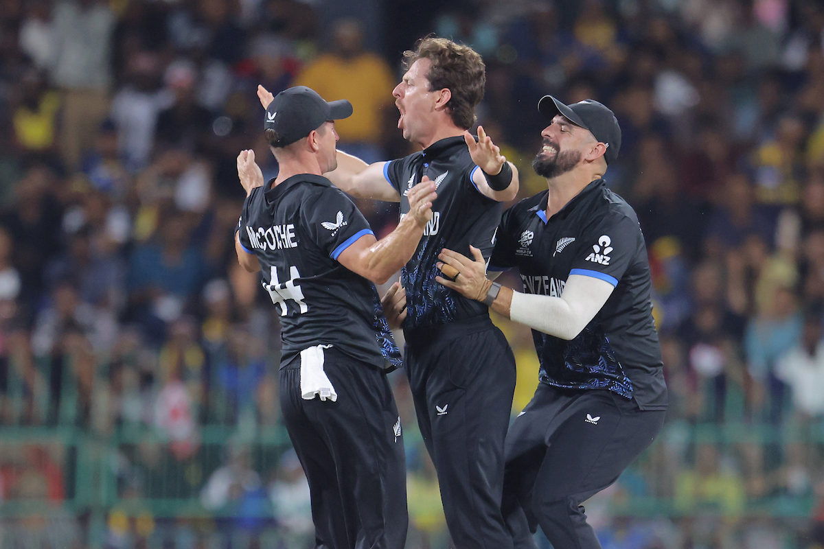 Black Caps bowler Matt Henry celebrates a wicket during the Super Eights clash against Sri Lanka in Colombo. Photo / Photosport