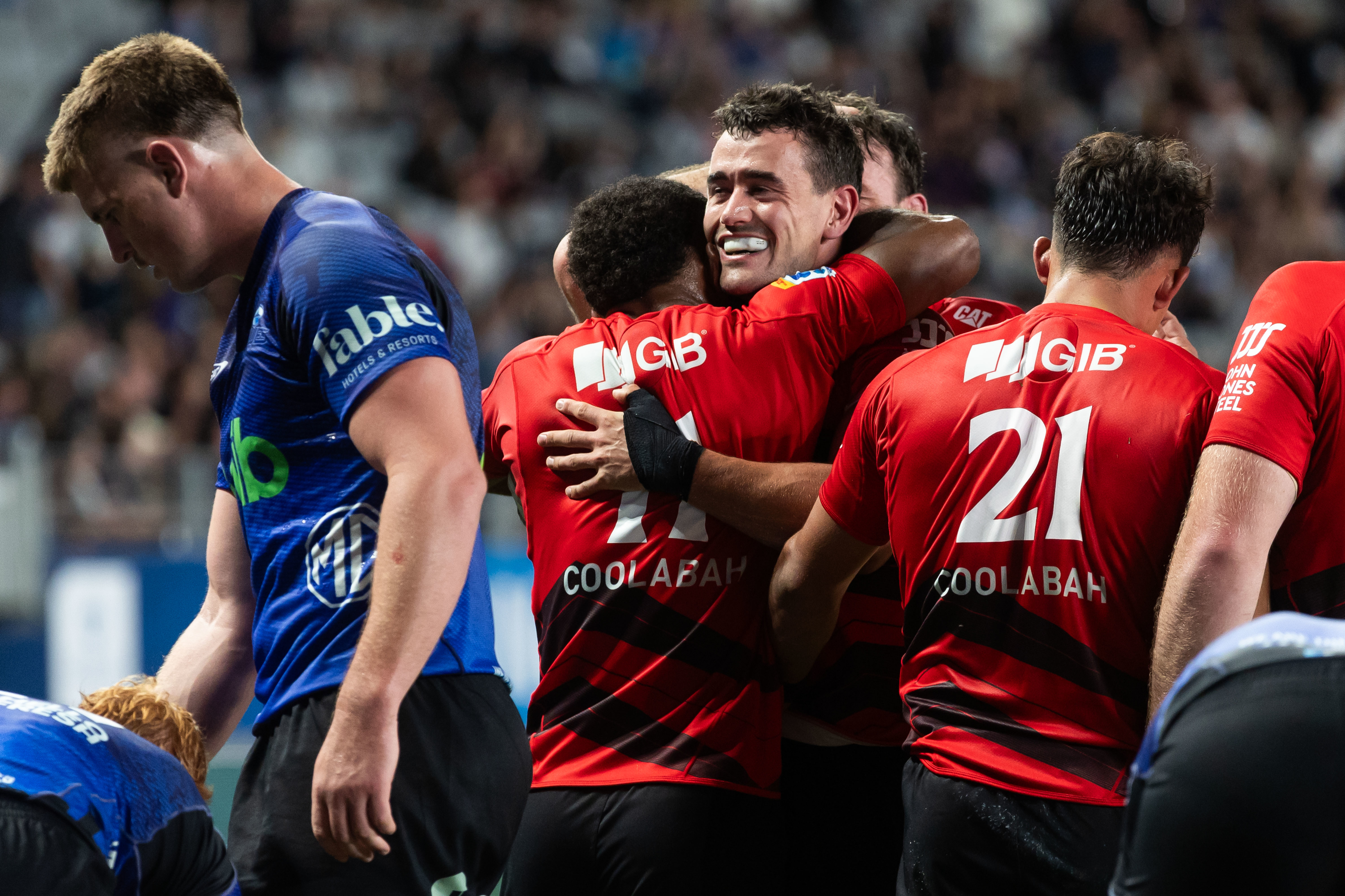 The Crusaders celebrate Will Jordan's try against the Blues. Photo / Photosport