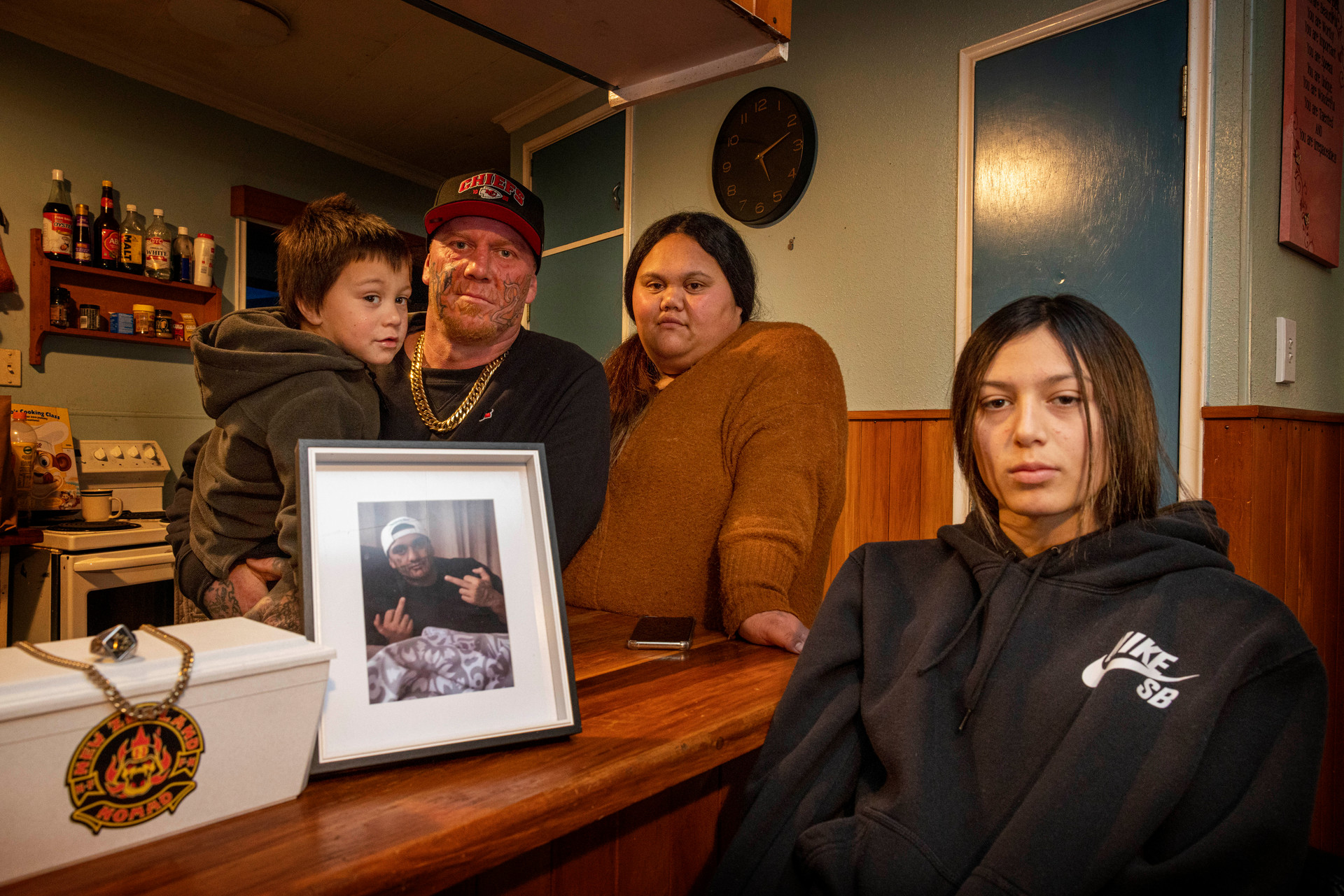 In New Plymouth with the ashes of Kaoss Price are his father Leigh Price with partner Stevie Apiata and Kaoss' siblings Chelsea Price, 14, and Saint Justice Price, 3. Photo / Mike Scott