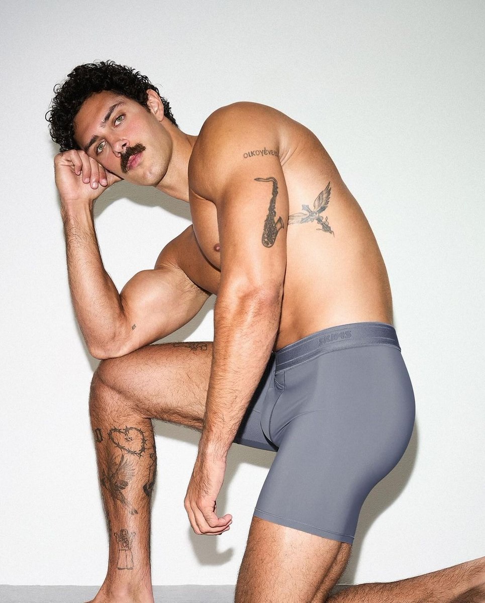 Fitness influencer Steven Kelly wearing a pair of Skims boxer briefs launched in May. Photo / Skims