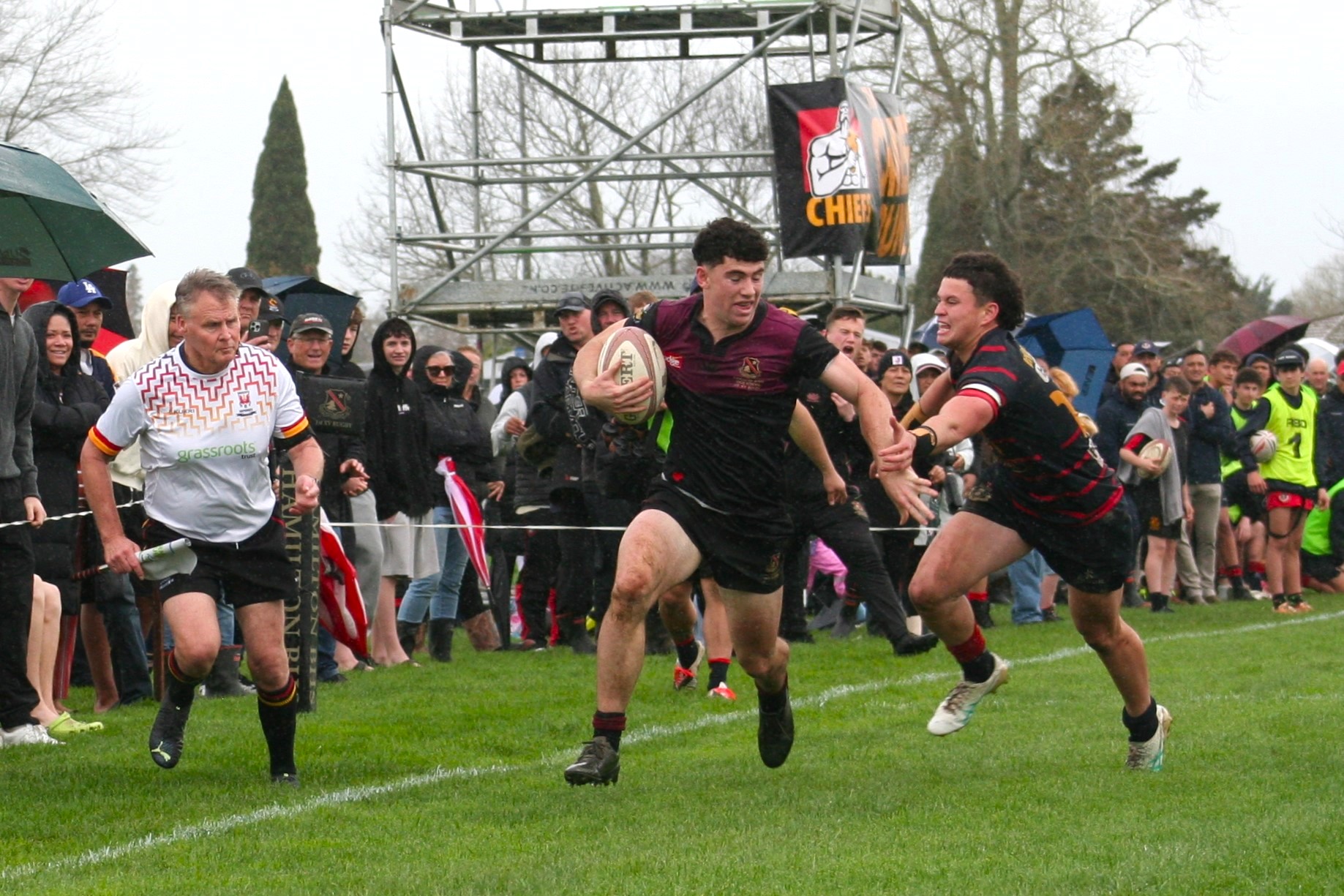 Hamilton Boys’ High winger Ross Anderson on his way to the tryline against Rotorua Boys’ High. Photo / Bruce Holloway