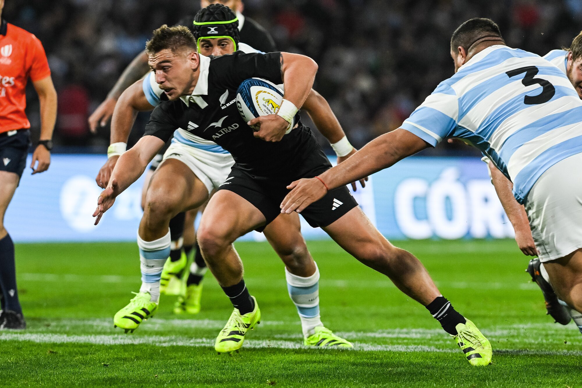 Cortez Ratima makes a break for the All Blacks against Argentina. Photo / Photosport