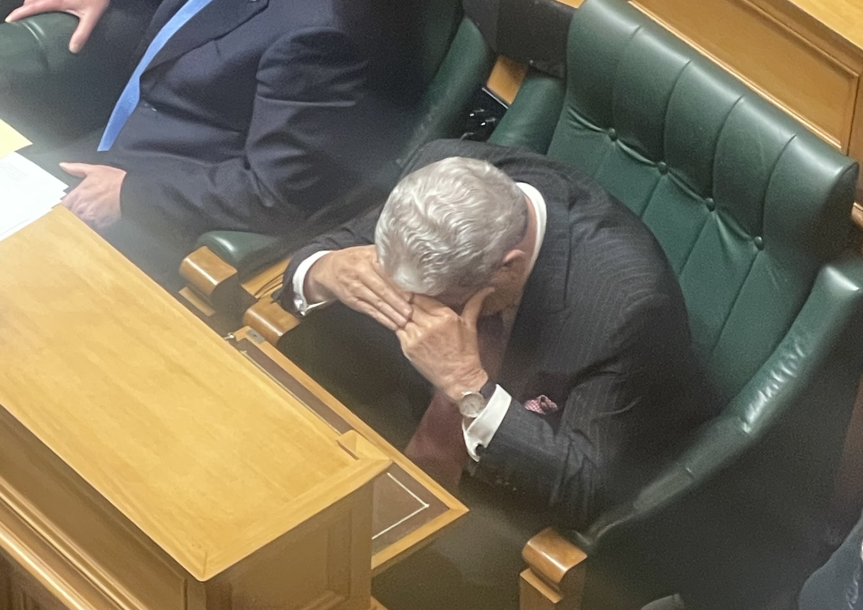 Winston Peters shortly after Brooke van Velden used the c-word in Parliament. Photo / NZ Herald