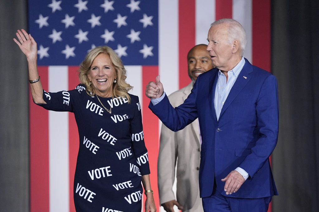 US President Joe Biden and first lady Jill Biden walk to the stage to speak at a campaign rally in Raleigh, North Carolina. Photo / AP