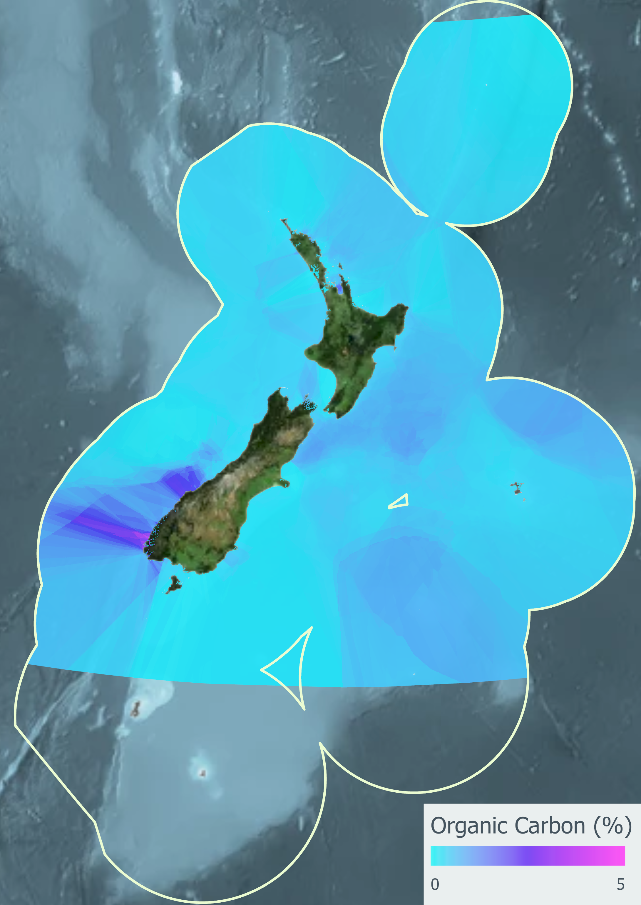 This map shows the density of organic carbon in marine sediments within New Zealand's Exclusive Economic Zone. Image / Parliamentary Commissioner for the Environment
