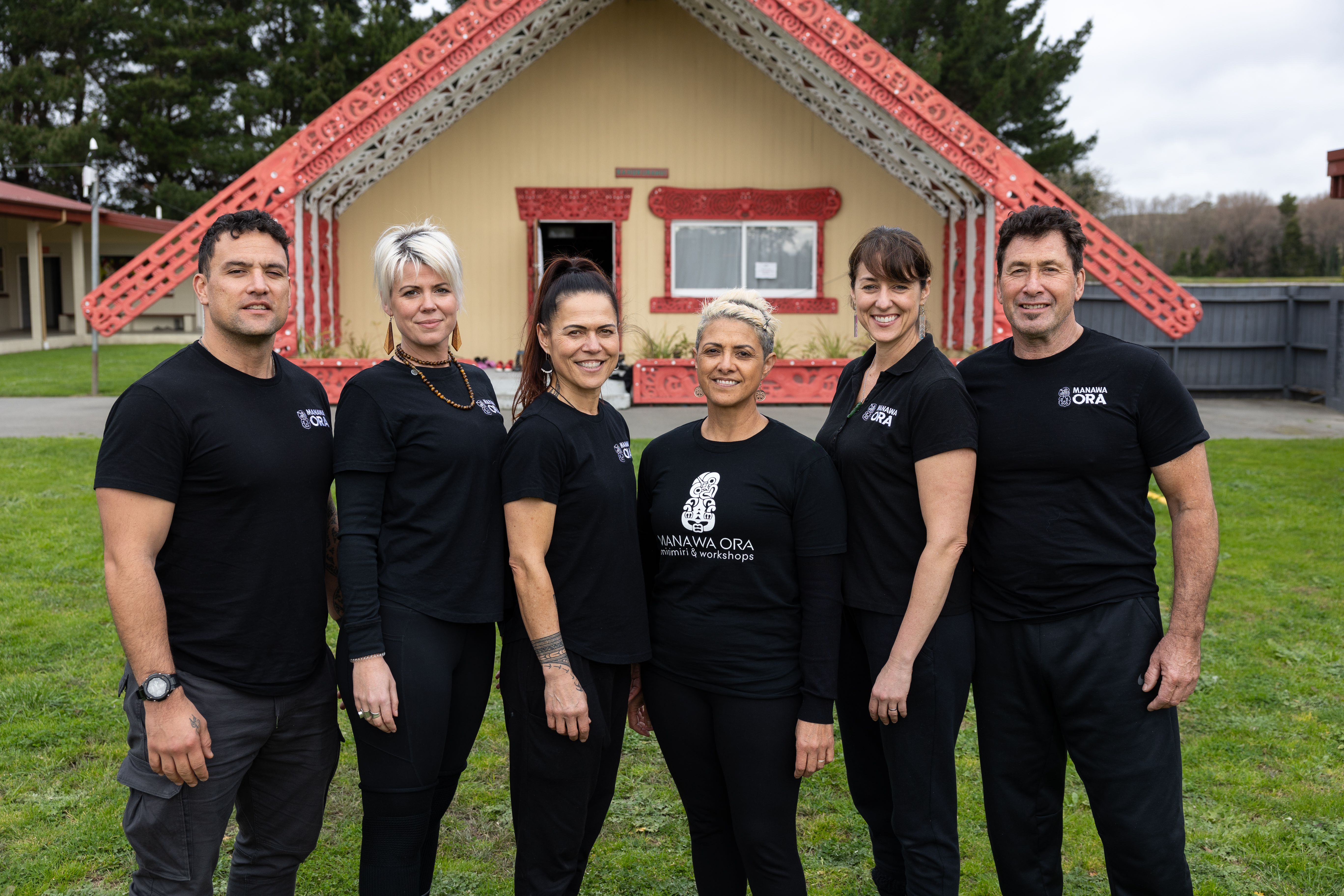 Manawa Ora whanau (left to right) Rawiri Hirini, Jemma Jeffs, Chrissy Kan, Jolie Davis, Verity Smith, Marty Clamp. Photo / Te Rawhitiroa Bosch