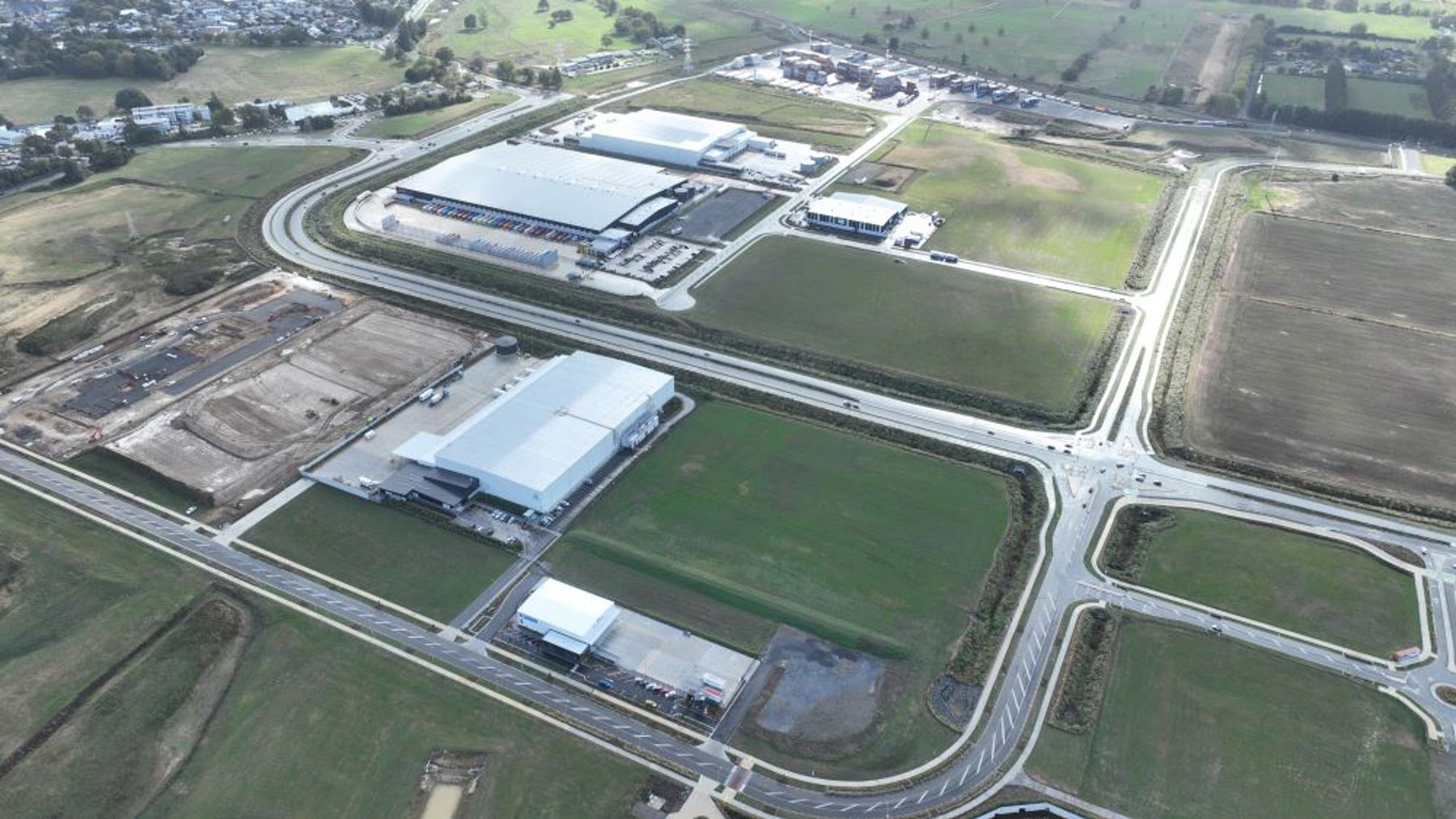 Drone Shot Of Distribution Centres At Ruakura Superhub With Inland Port At Centre Top.