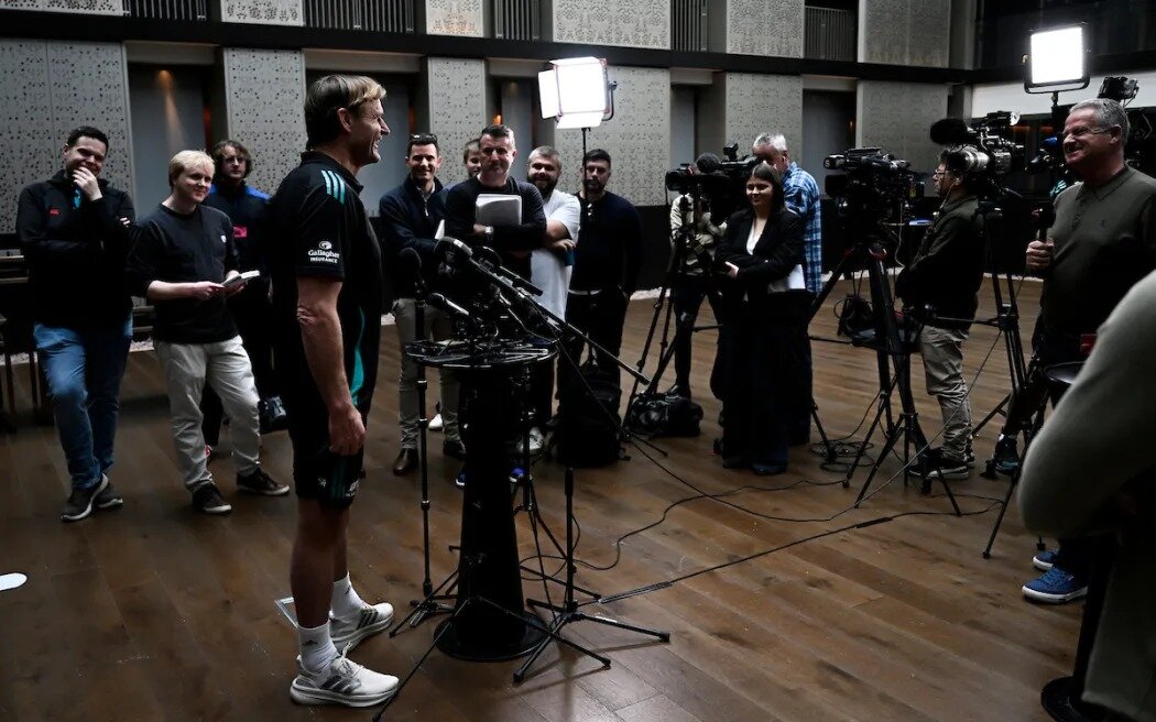 Former All Blacks head coach Scott Robertson shares a lighter moment with media. Photo / Photosport
