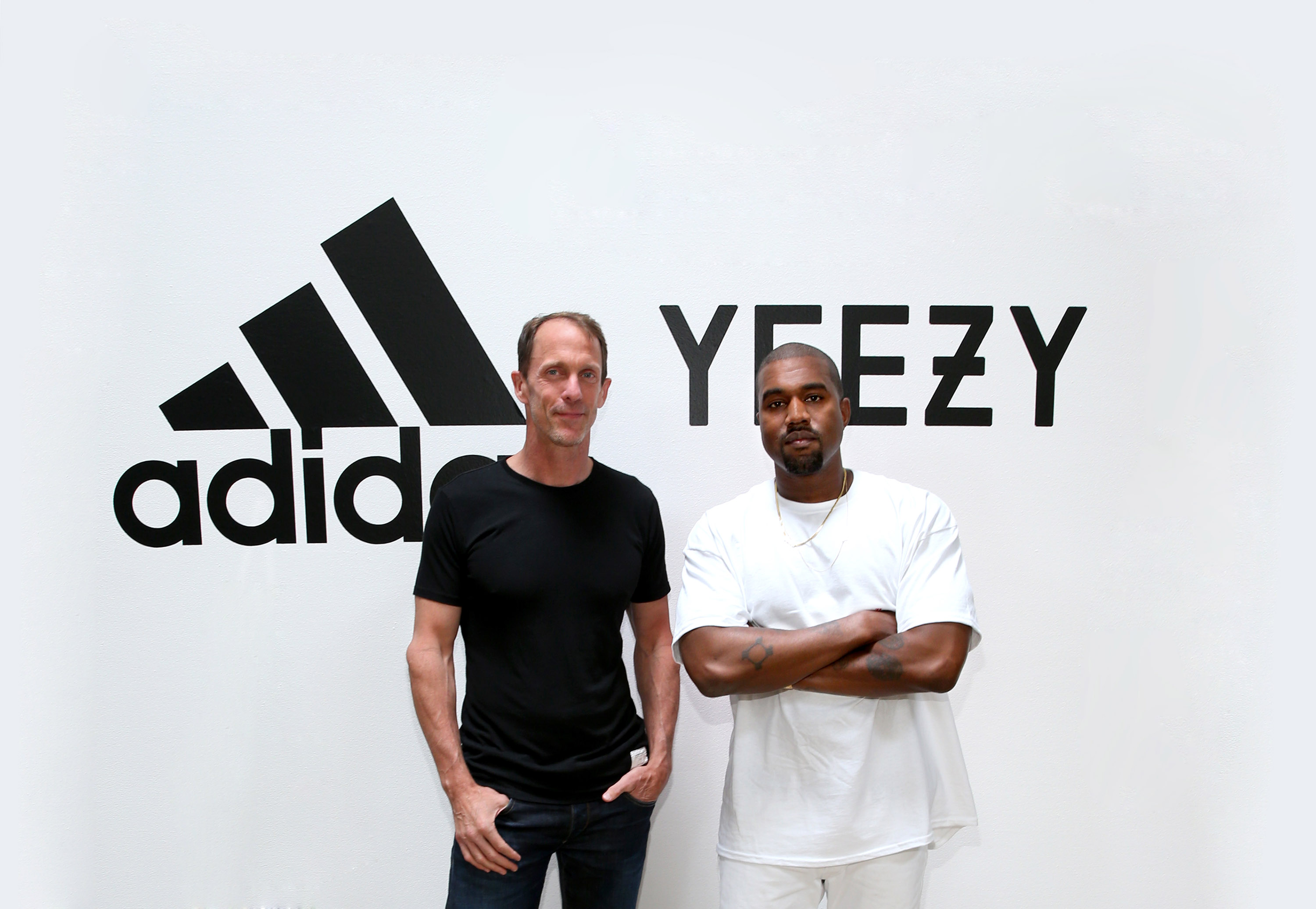 Adidas CMO Eric Liedtke and Kanye West at Milk Studios on June 28, 2016 after the brand signed Yeezy. Photo / Getty Images