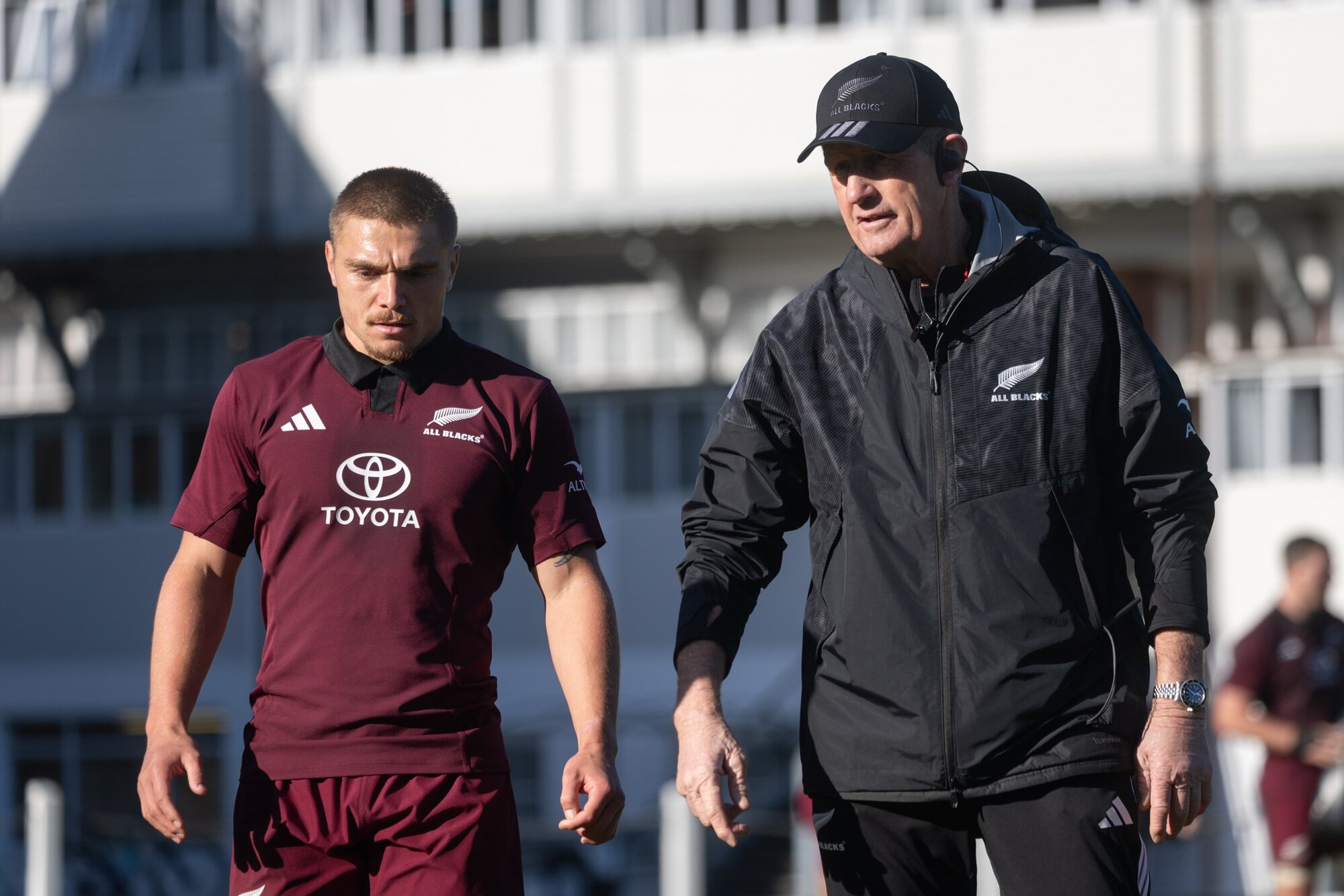 Neil Barnes (right) with All Blacks halfback Cortez Ratima during a session at Christ's College in Christchurch. Photo / Anna Heath. 
