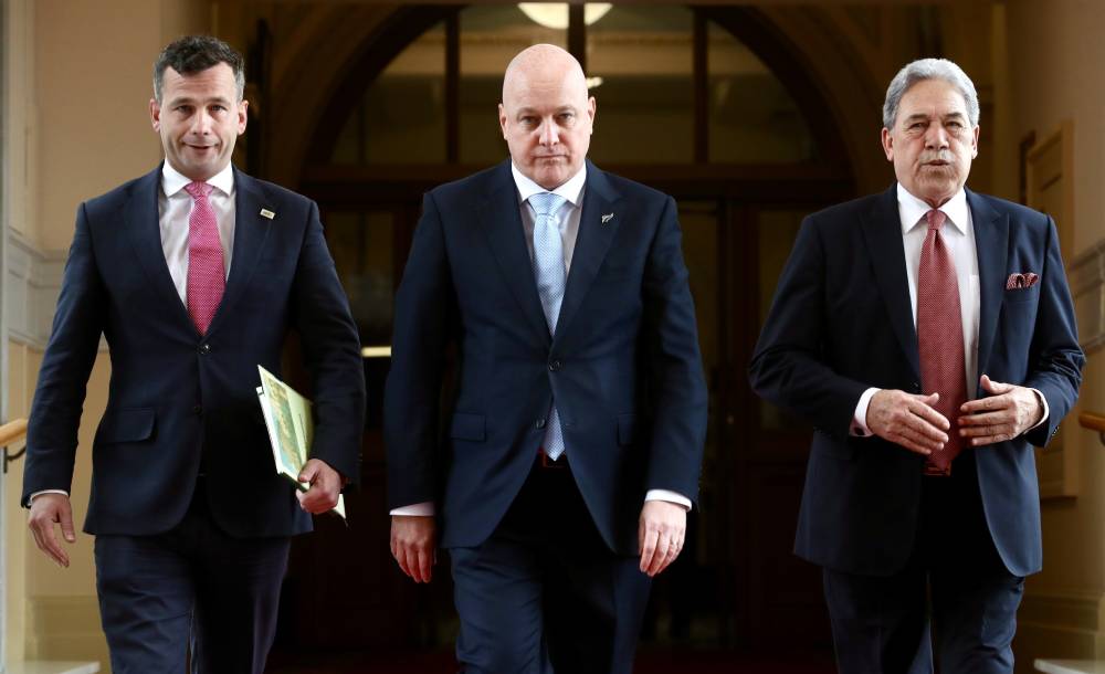 Act leader David Seymour, National leader and Prime Minister Christopher Luxon and NZ First leader and Deputy Prime Minister Winston Peters. Photo / Mark Mitchell