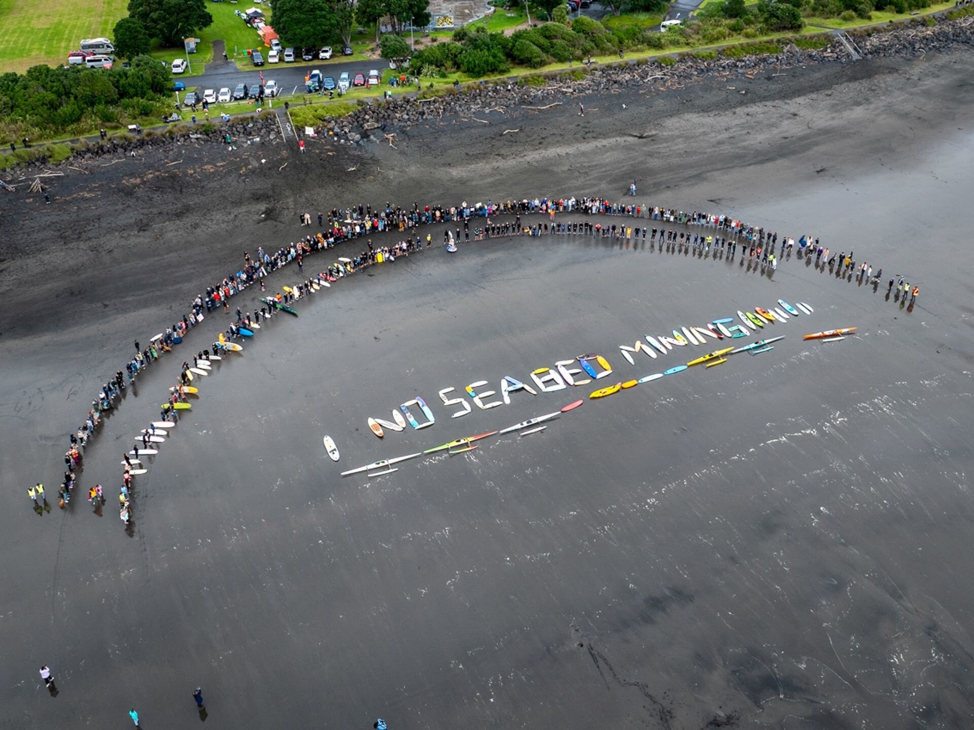 Hapū and iwi led the decade-long fight against the proposed South Taranaki seabed mine, while community-wide events attracted hundreds to spell out opposition. Photo / Tania Niwa