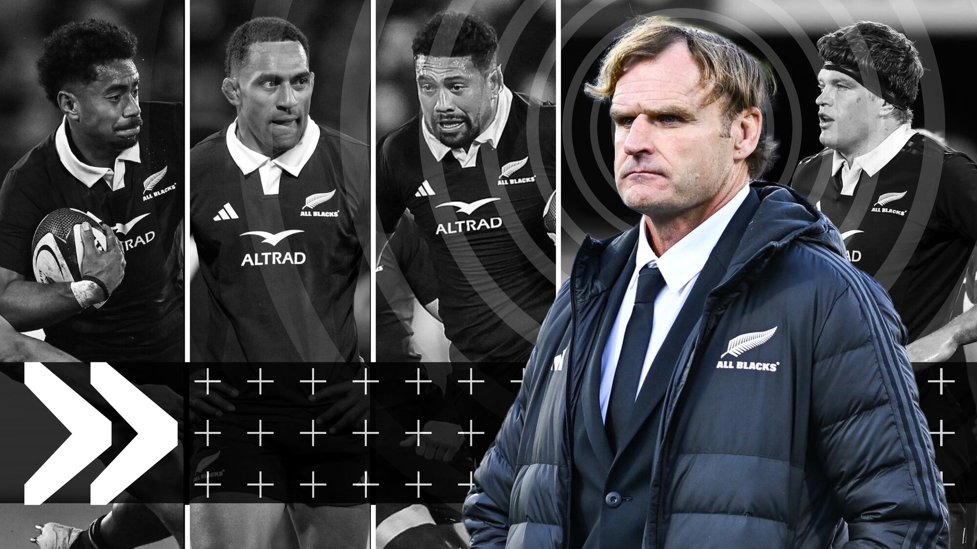 New Zealand coach Scott Robertson (front) ponders his selection puzzle, including (from left) Emoni Narawa, Sevu Reece, Ardie Savea and Scott Barrett. Photo / Photosport