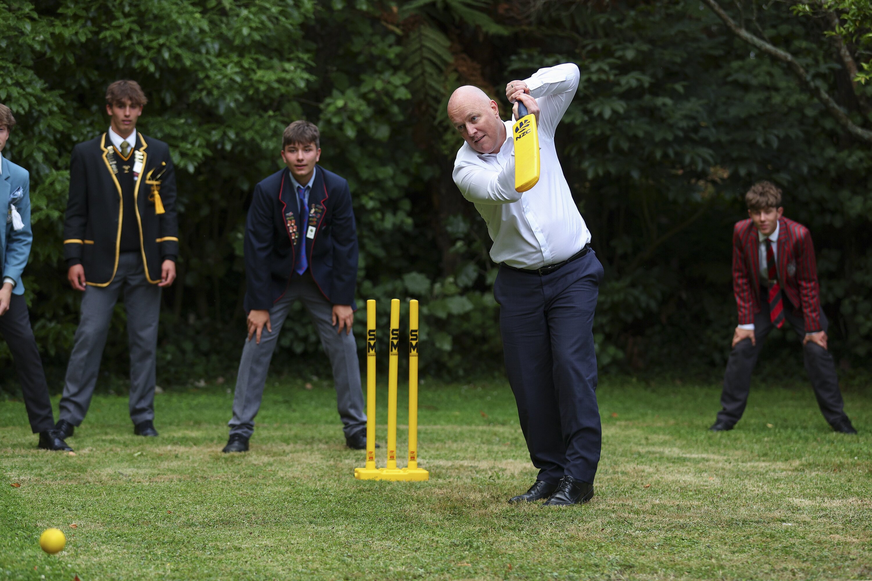 Prime Minister Christopher Luxon bats in a game of backyard cricket during a reception for the New Zealand and Australian test cricket teams at Premier House in Wellington. Photo / Hagen Hopkins