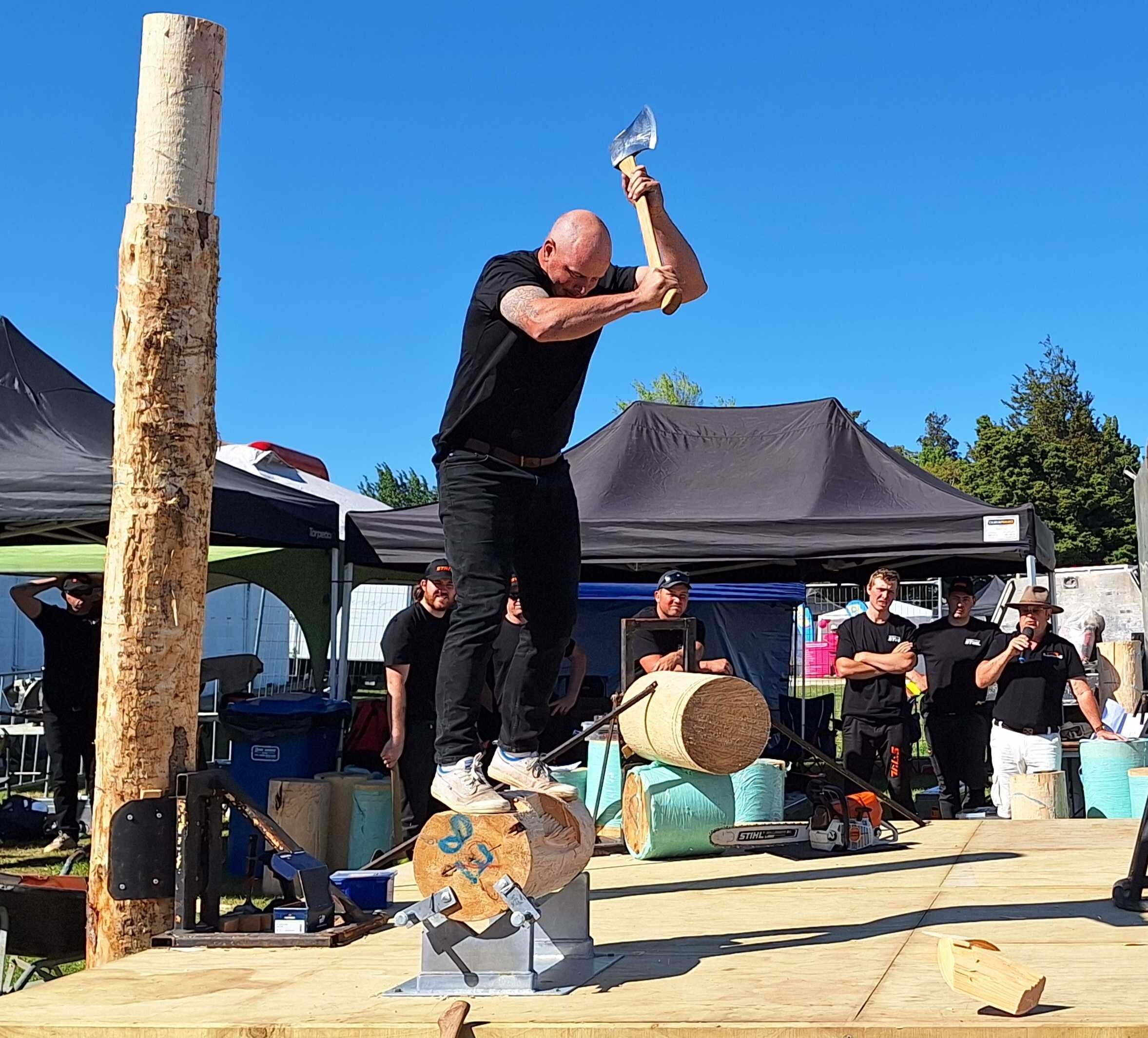 Johnny Clarke takes part in the 2024 Hawke's Bay A&P Show Timber Sports. Photo / Michaela Gower