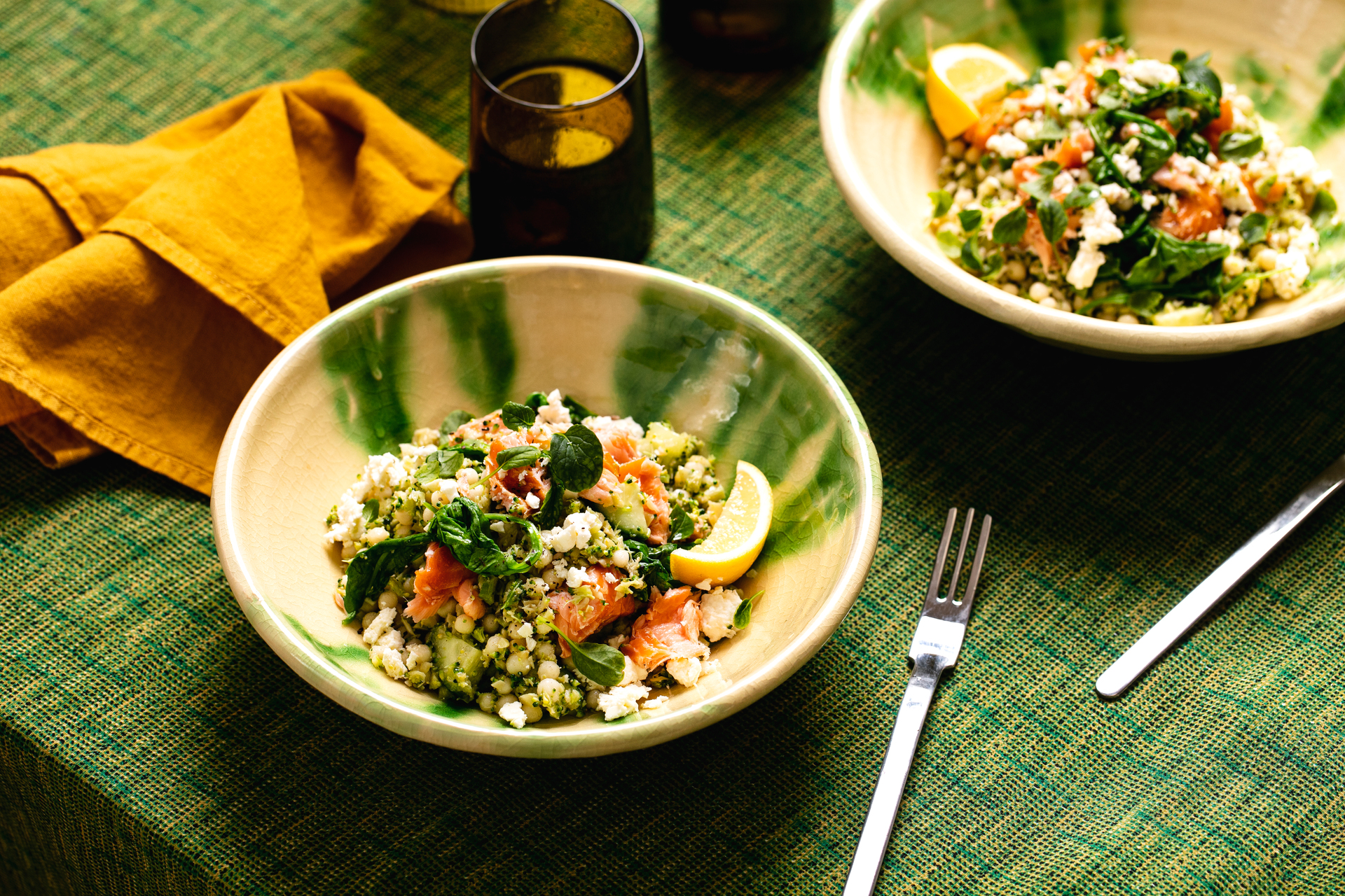 Salmon, couscous and broccoli rice bowl-image