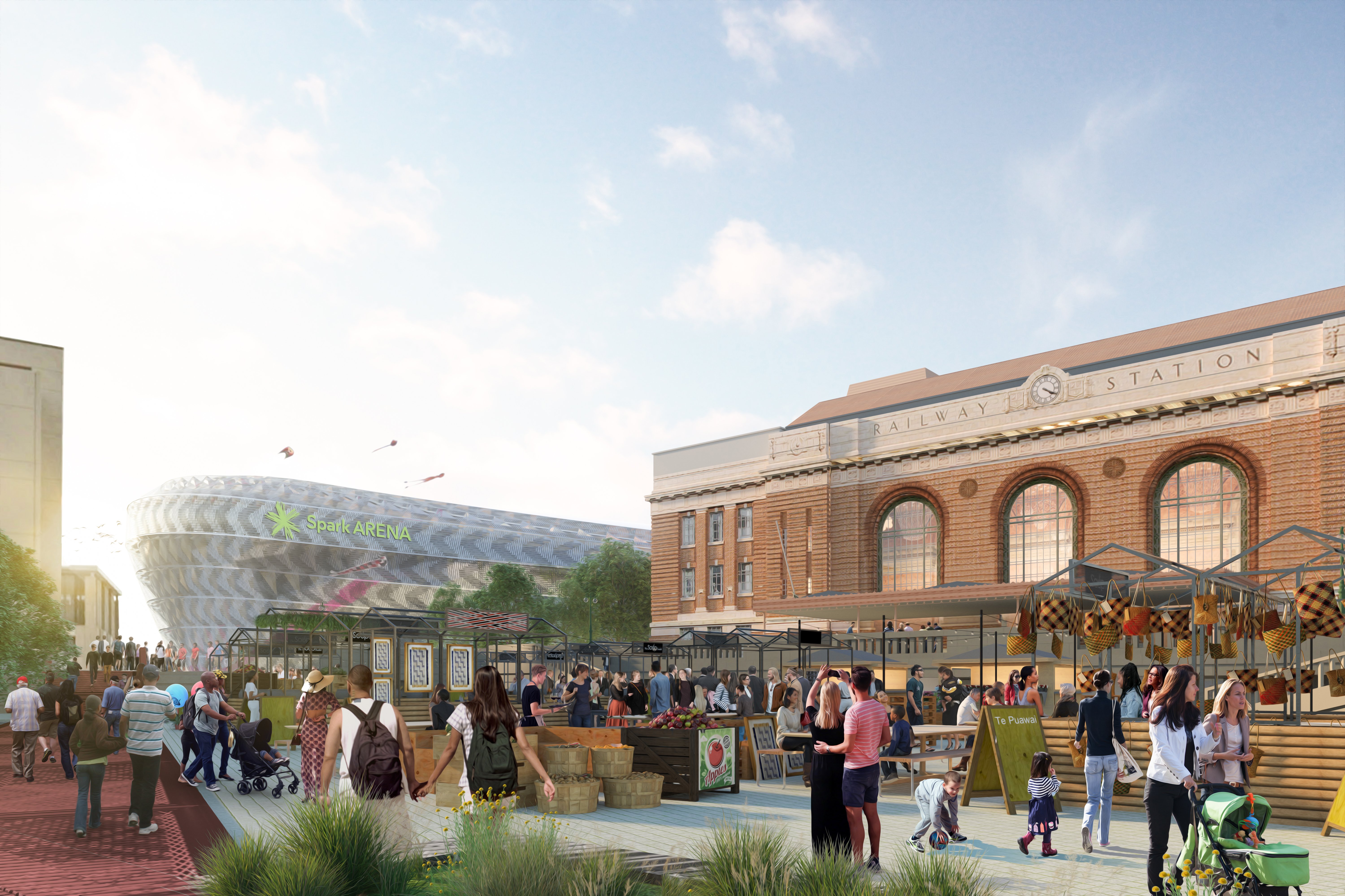 An artist's impression of the Ngāti Whātua Ōrākei Whai Rawa plan for Quay Park on the Auckland Waterfront Te Taou community market. 