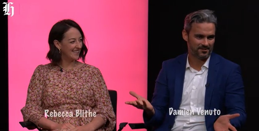 Team Millennial - Co-host of One Day You'll Thank Me, Rebecca Blithe and The Front Page host, Damien Venuto. Photo / NZ Herald
