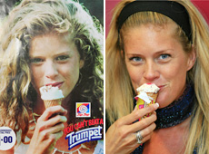 Rachel Hunter in the ad that helped propel her to stardom, and yesterday with the latest Trumpet version. Photo (right) / Martin Sykes
