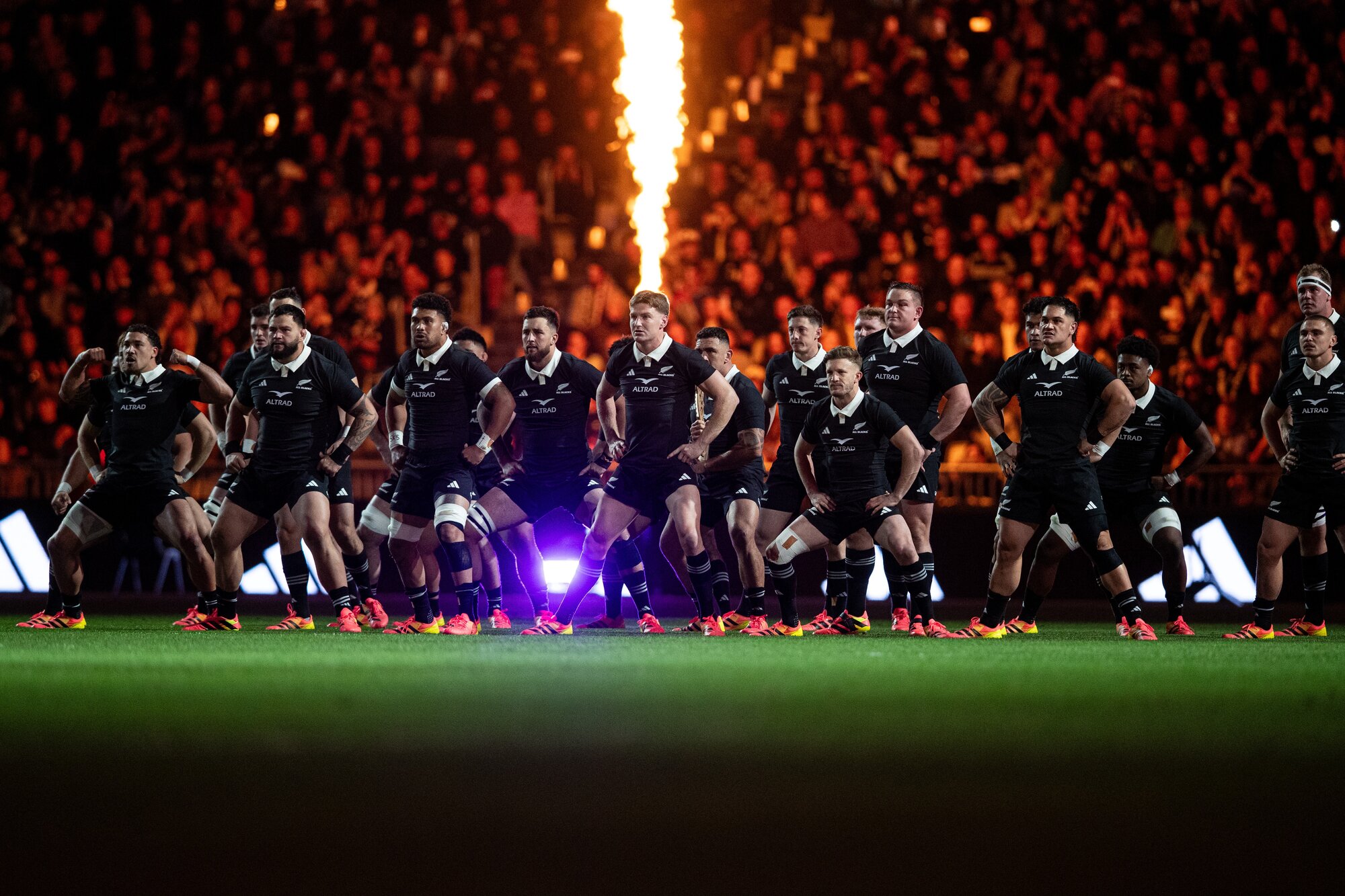 The All Blacks perform their haka before facing France in Christchurch. Photo / Alyse Wright 