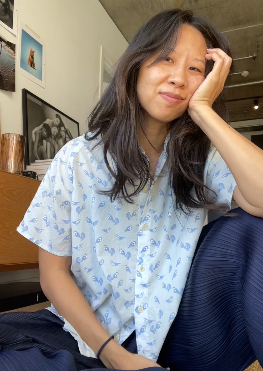 Katherine Lowe wearing her favourite bird print shirt from 2011.