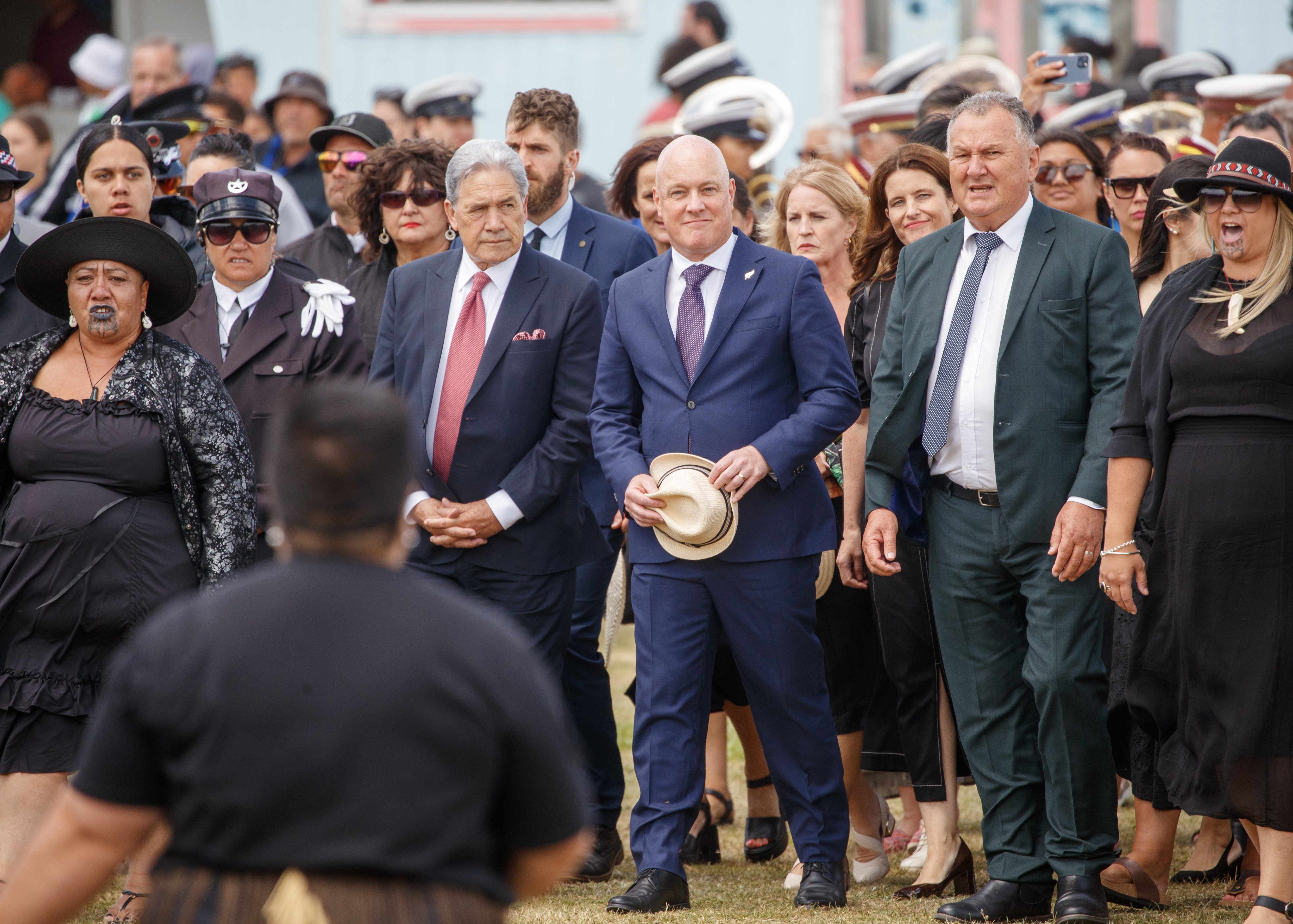 Prime Minister Christopher Luxon and Deputy Prime Minister Winston Peters lead the Government delegation onto the marae at Ratana Pa. Photo / Mark Mitchell