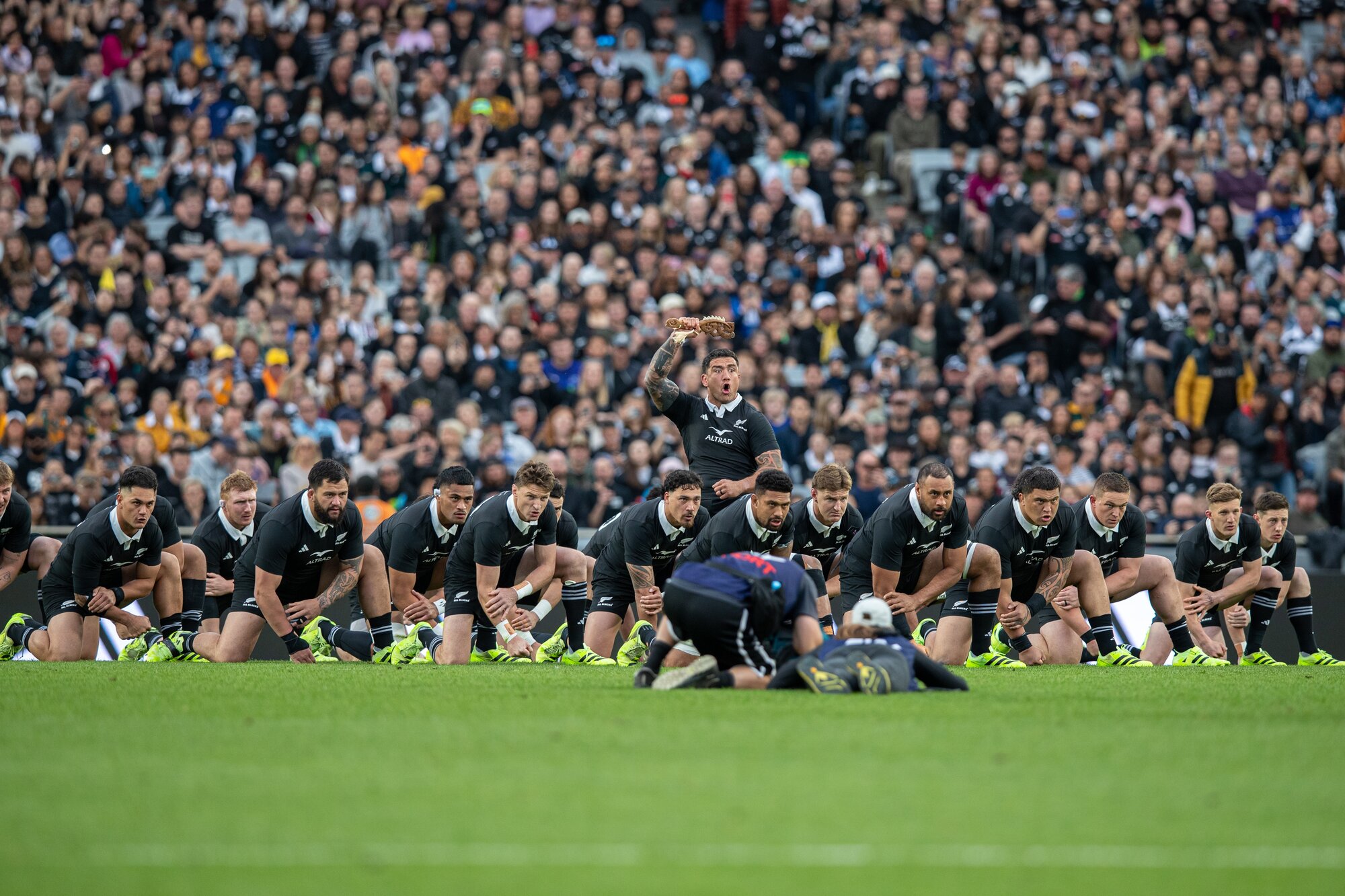 A Sky cameraman has a close-up view of the All Blacks haka at Eden Park. Sky TV recently retained the rights to All Blacks tests for another five years. Photo / Alyse Wright