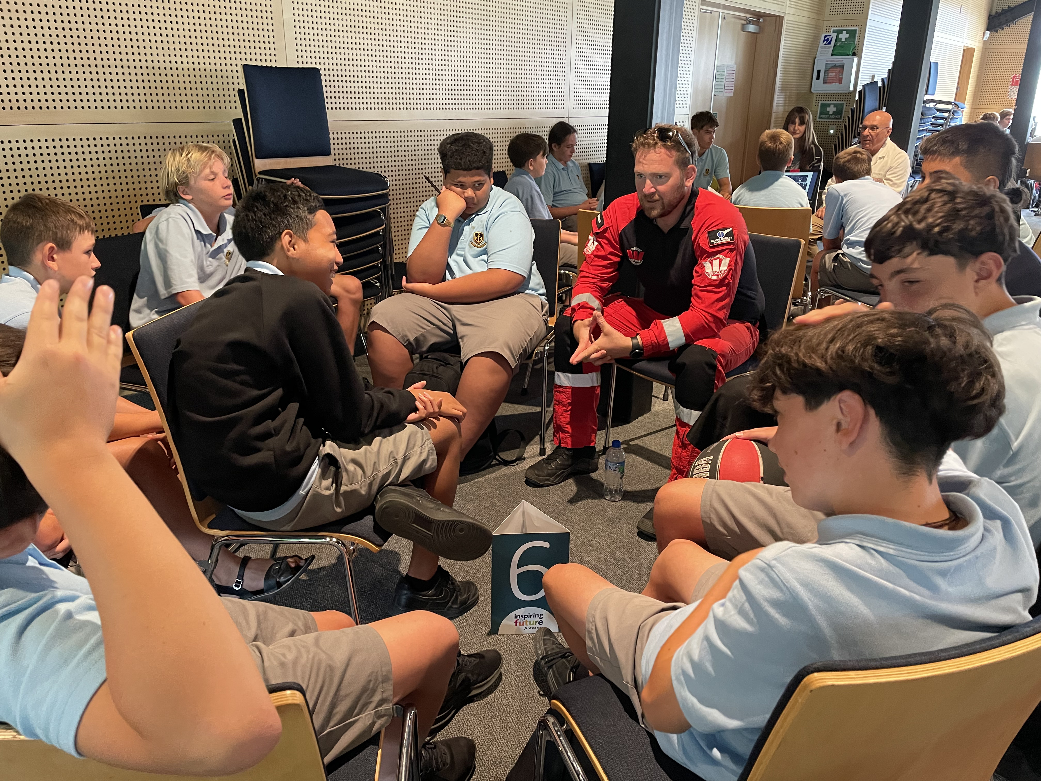 Westpac Rescue paramedic Blake Murray speaks to Whangārei Boys' High School students at the Inspiring the Future event.