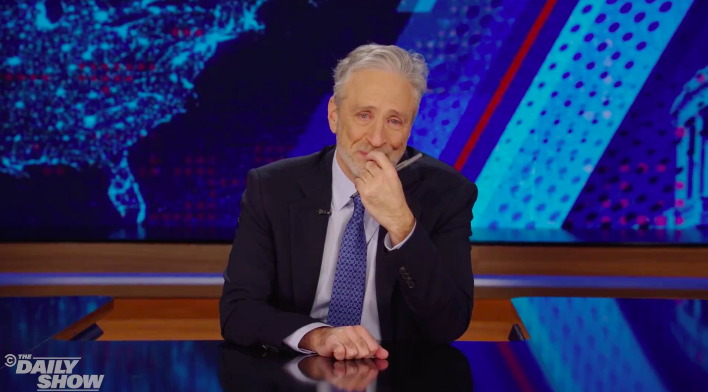 Jon Stewart broke down in tears announcing the death of his dog, Dipper. Photo / Comedy Central