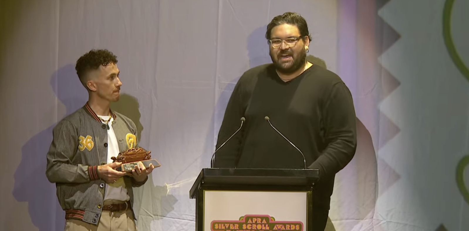 Hēmi Kelly and Noema Te Hau III accept the Apra Maioha Award | Tohu Maioha for Me Pēhea Rā written by Mohi Allen, Hēmi Kelly, Amy Boroevich and Noema Te Hau III. Photo / Apra Silver Scrolls